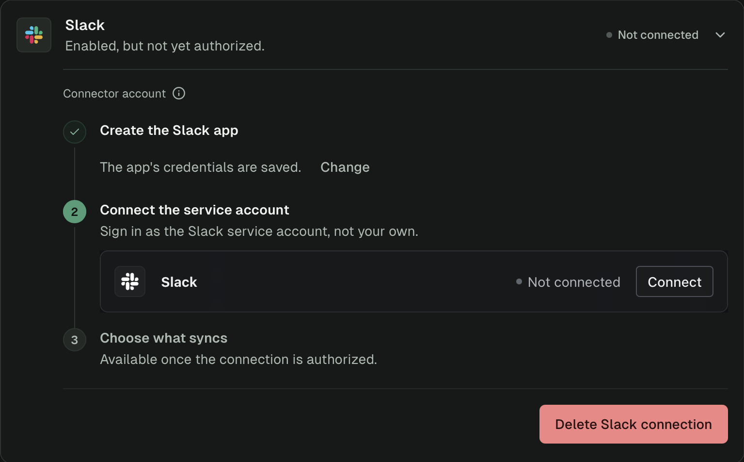 Slack row with the first step done and a Connect button in the second step