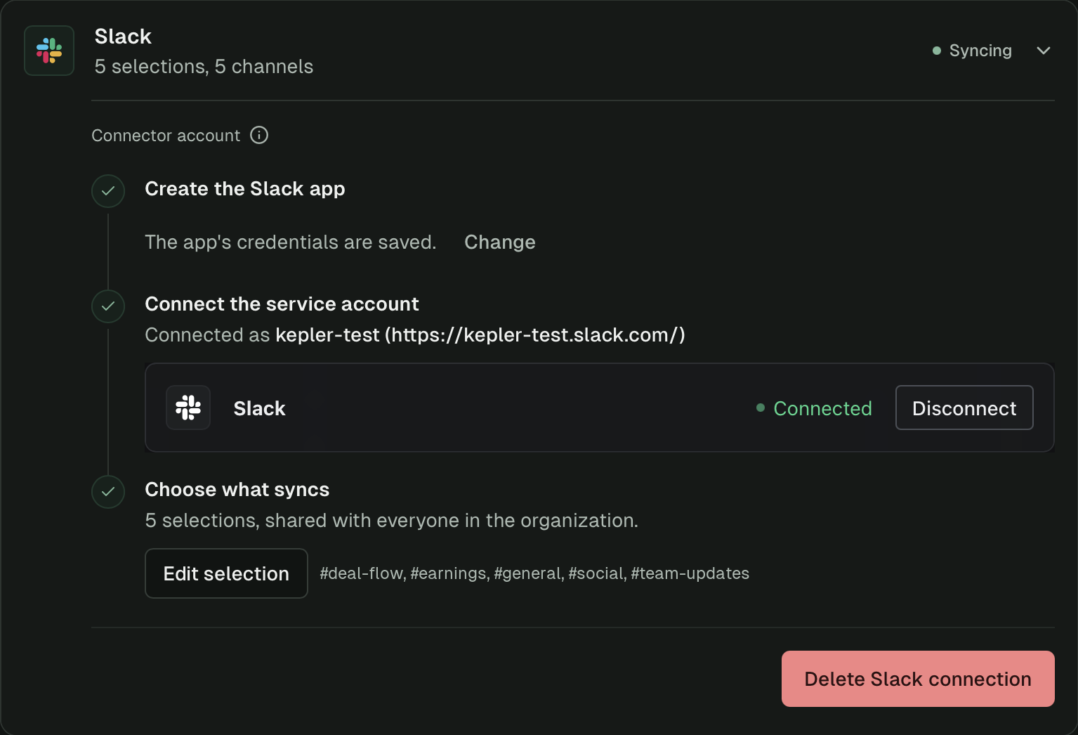 Slack row with the status Syncing and an Edit selection button