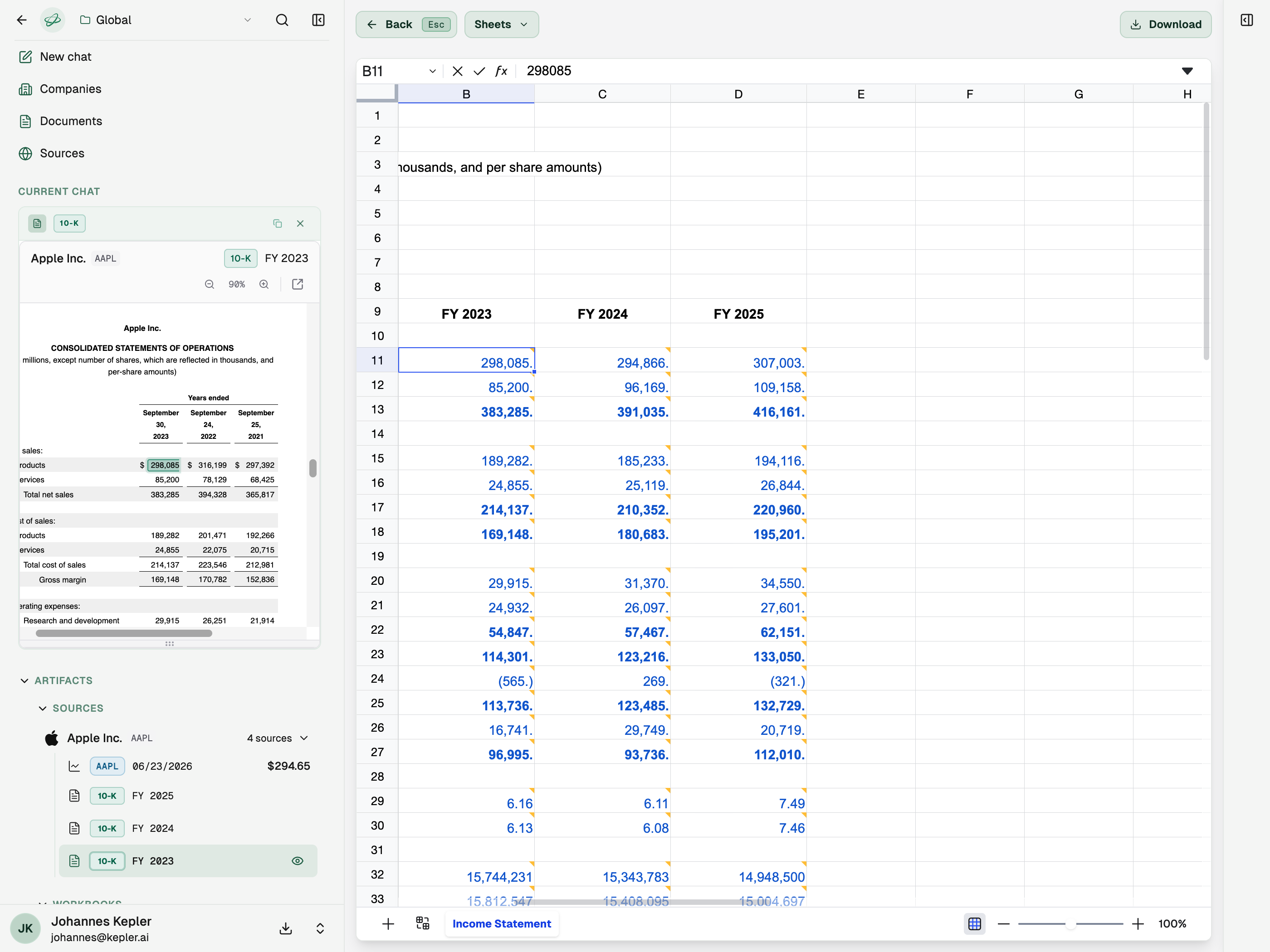 A workbook cell selected, with the matching value highlighted in Apple's 10-K alongside it