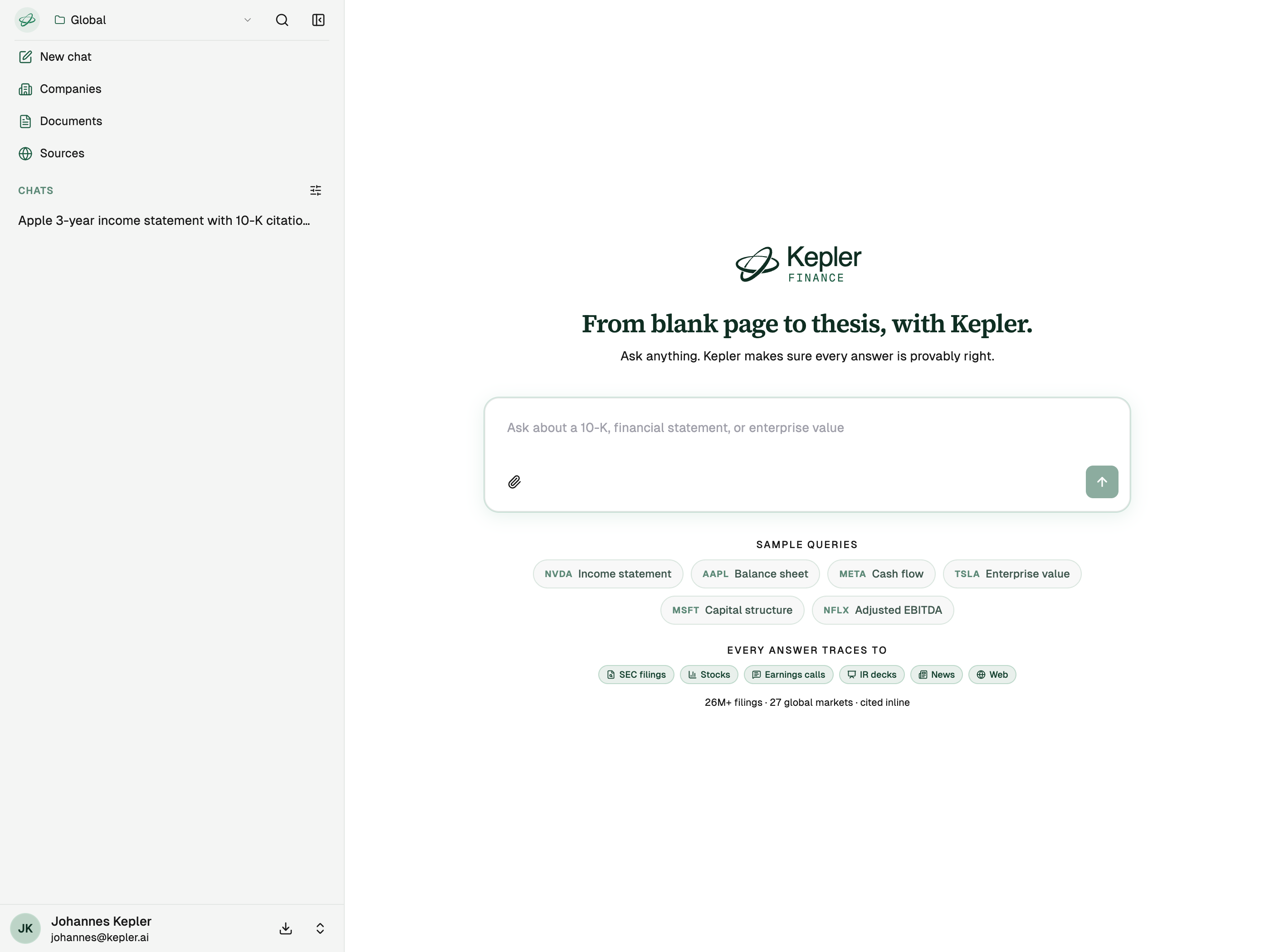 The Kepler app home, where you ask financial research questions in natural language