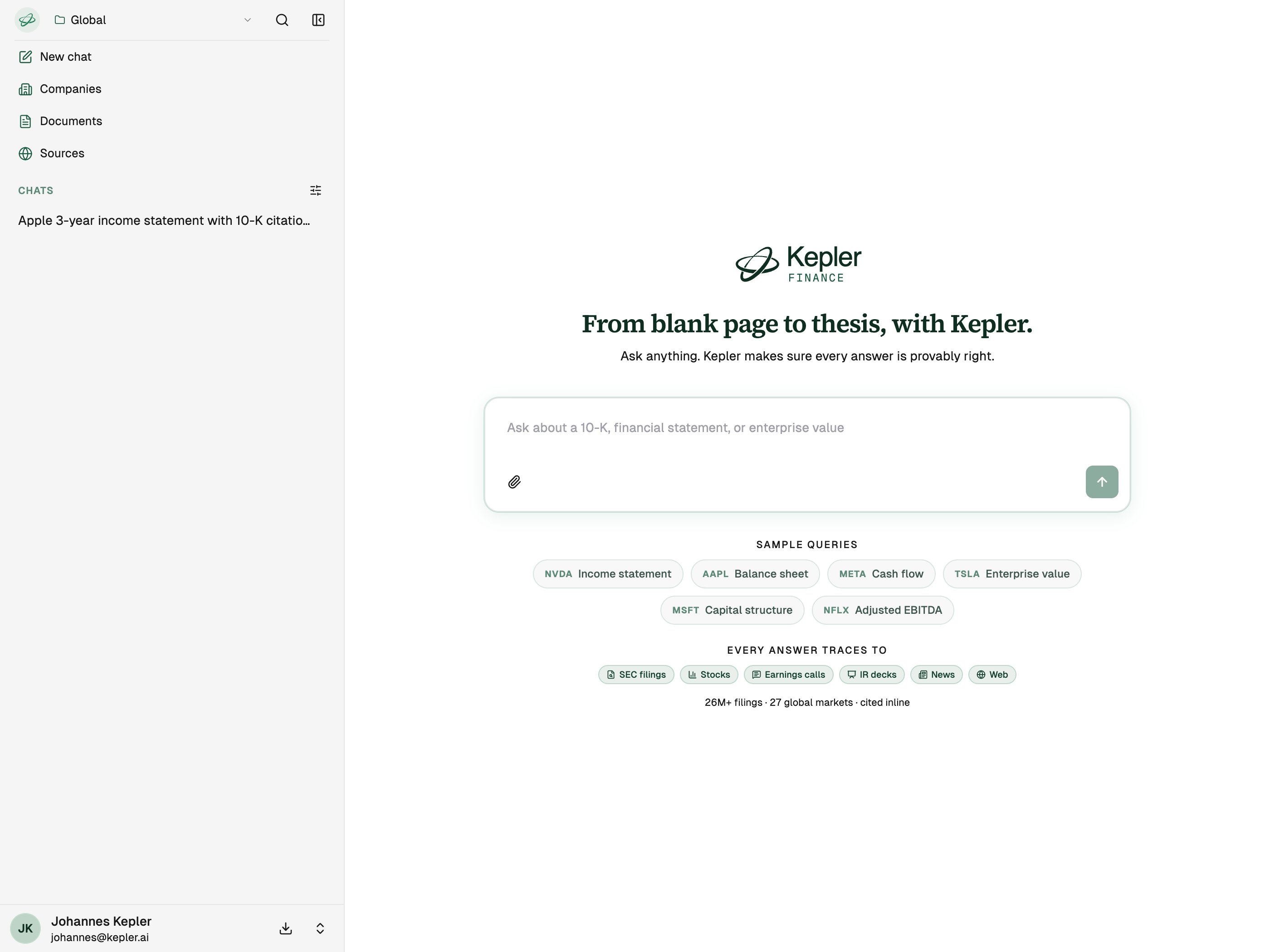 The Kepler app home, where you ask financial research questions in natural language