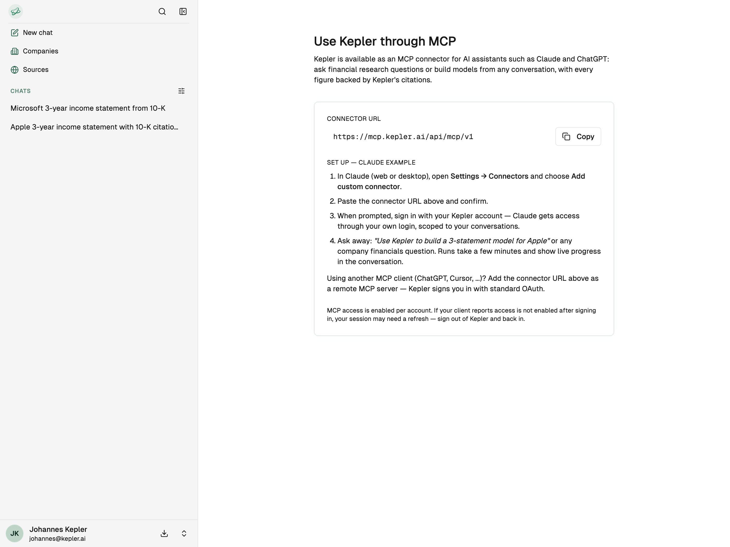 Kepler app MCP connector page showing the connector URL and Claude setup steps