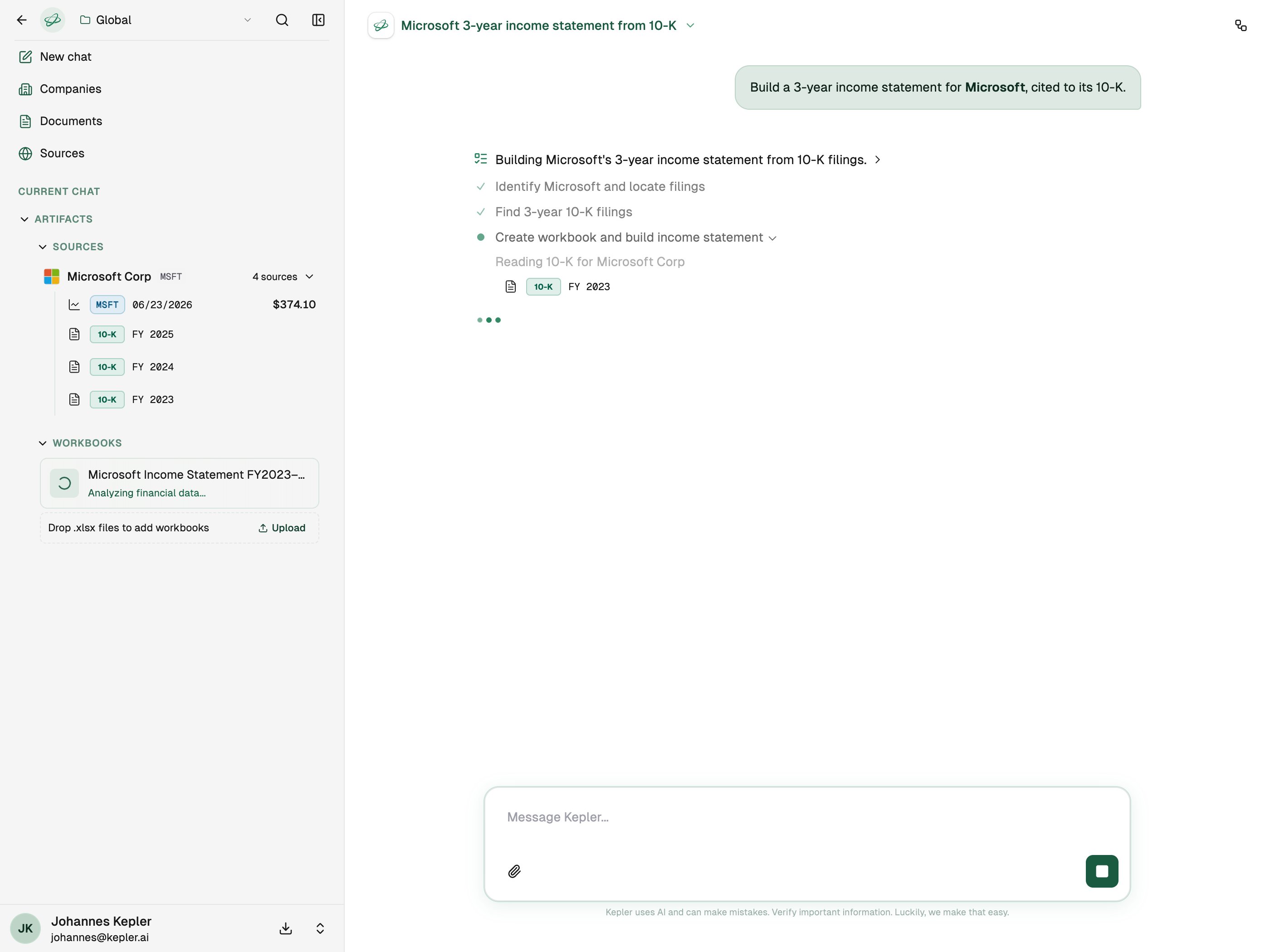 Kepler showing live progress and the SEC filings it is reading