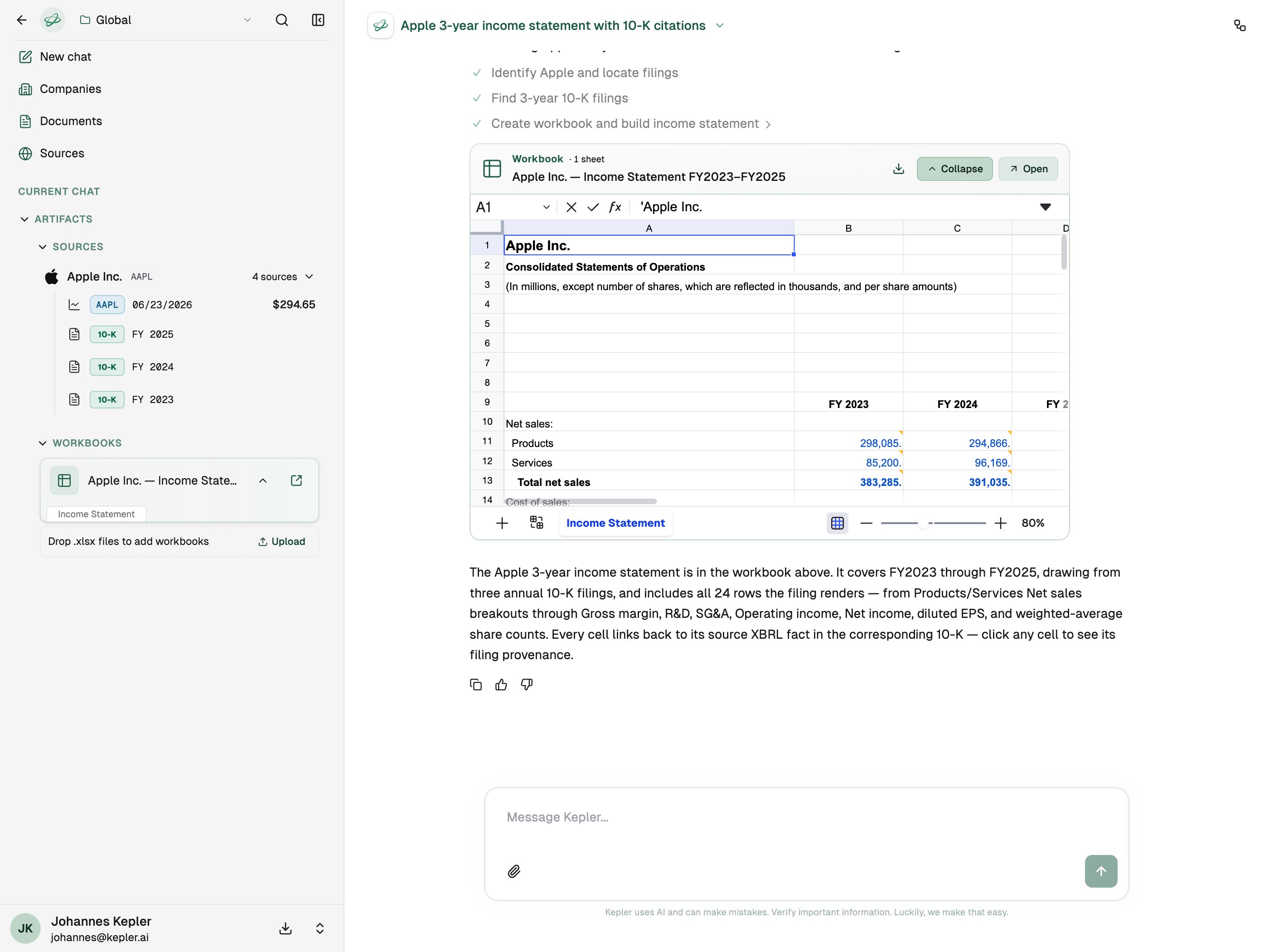 Apple income statement workbook built by Kepler, with sources and the answer summary