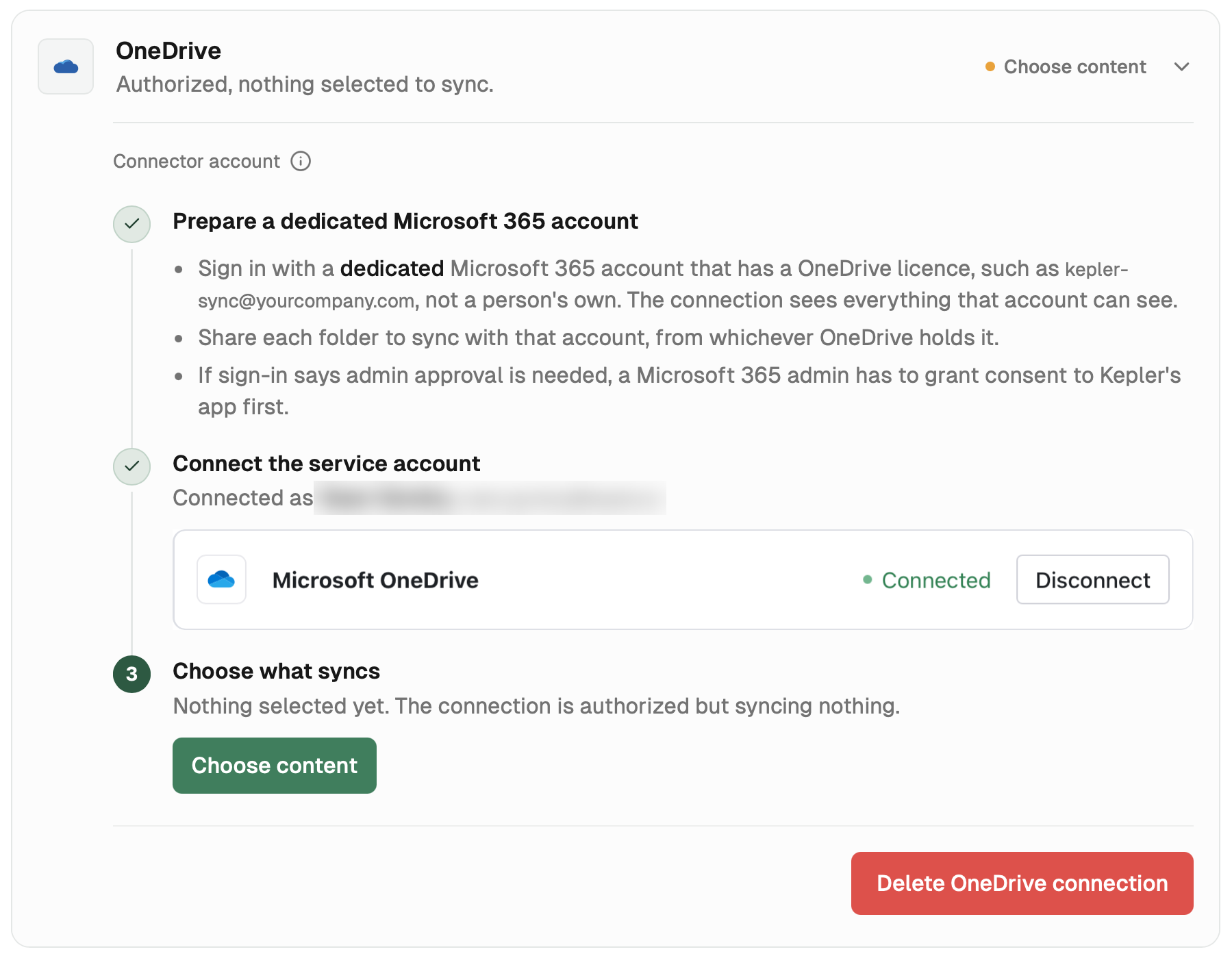 OneDrive row after connecting, with the account connected and a Choose content button