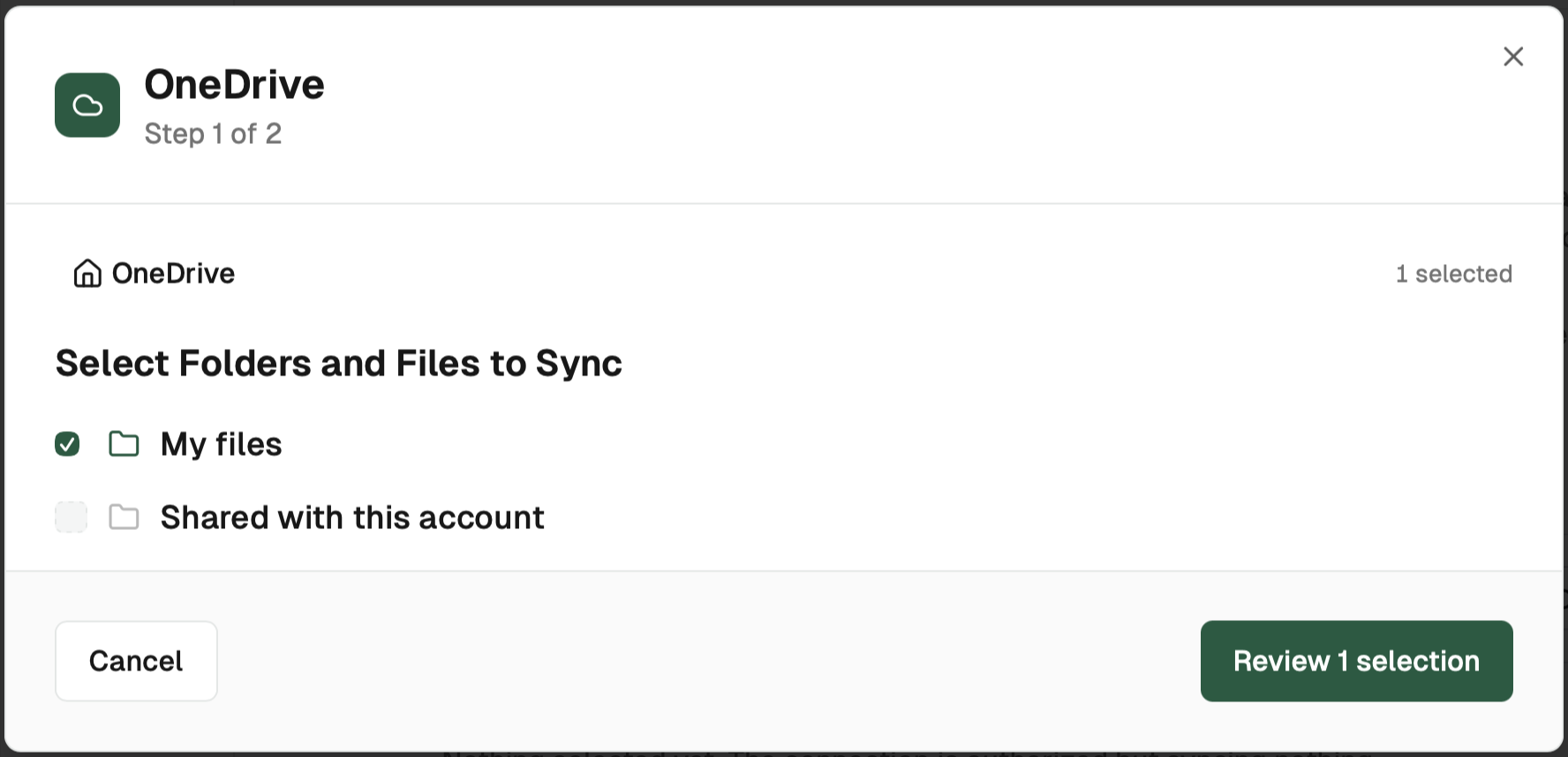 OneDrive content picker with My files and Shared with this account