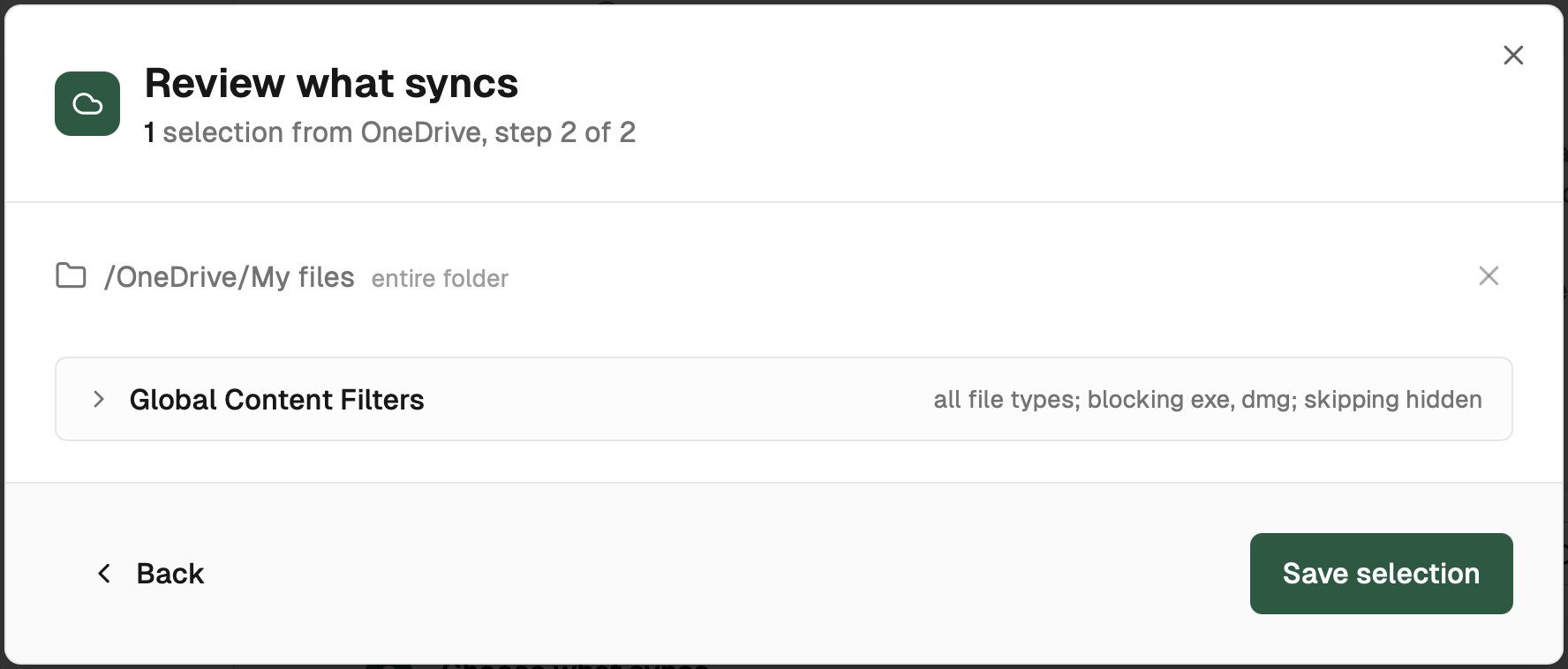 Review what syncs dialog listing the selected folder, the Global Content Filters, and a Save selection button
