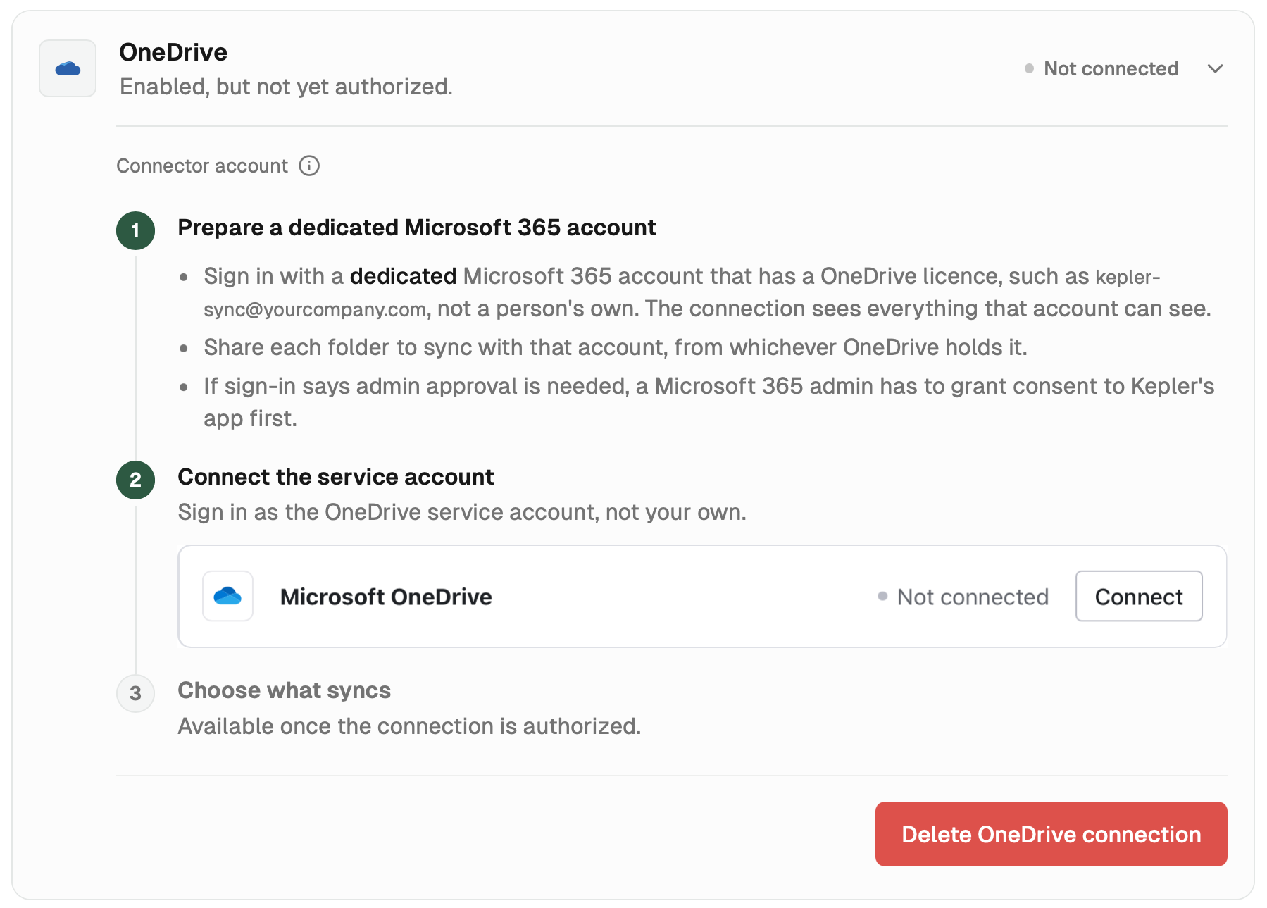 OneDrive row showing three steps: prepare a dedicated Microsoft 365 account, connect the service account, and choose what syncs