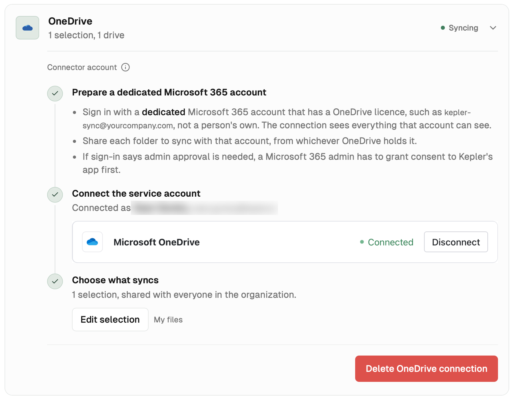 OneDrive row with the status Syncing and an Edit selection button