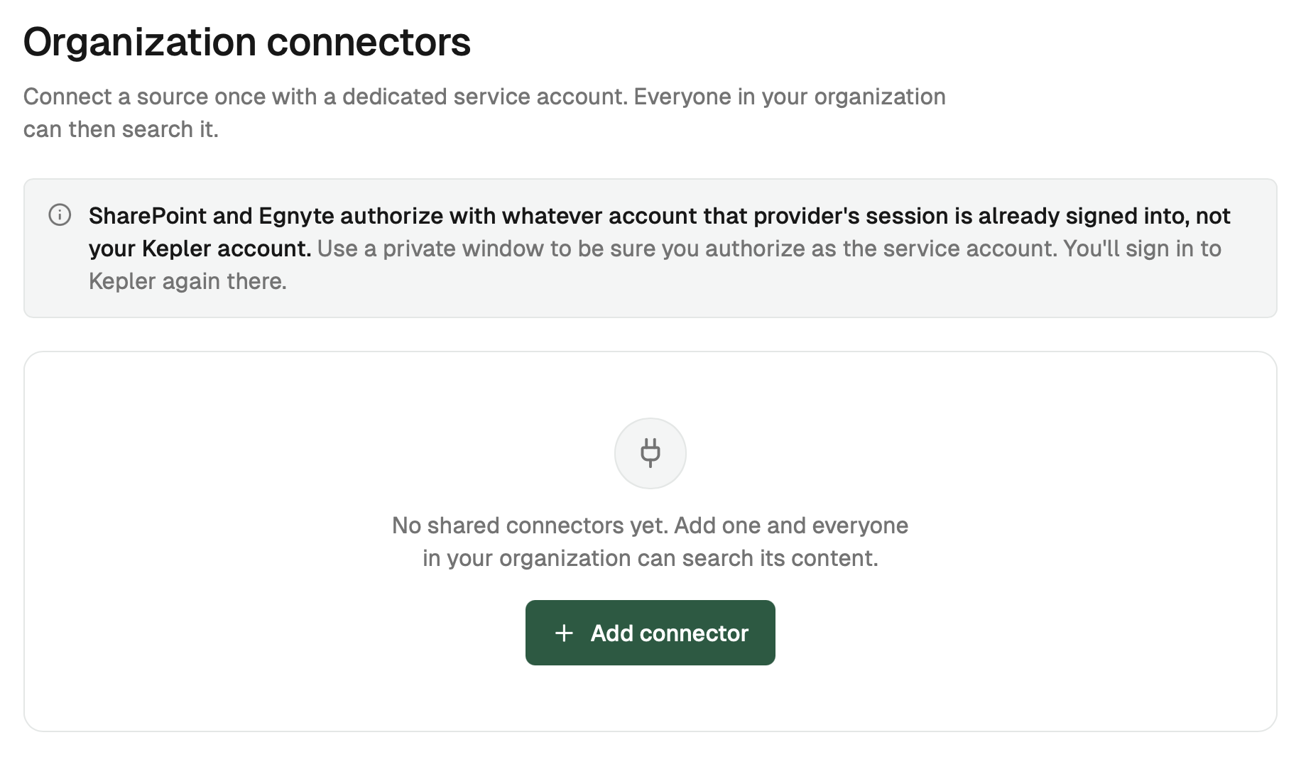 Kepler Organization connectors page with an Add connector button
