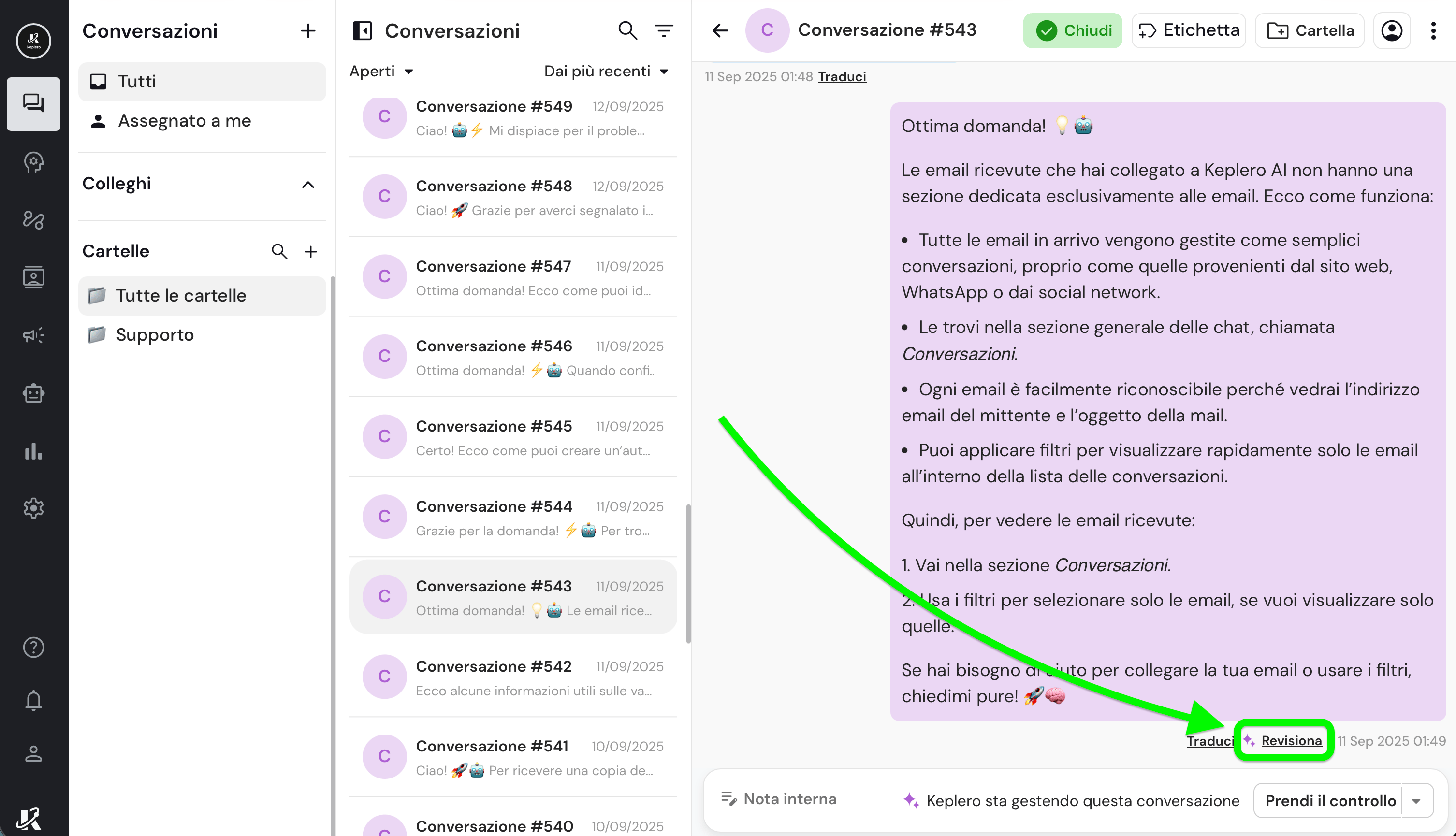 Riassumi una chat nella dasbhaord di Keplero AI
