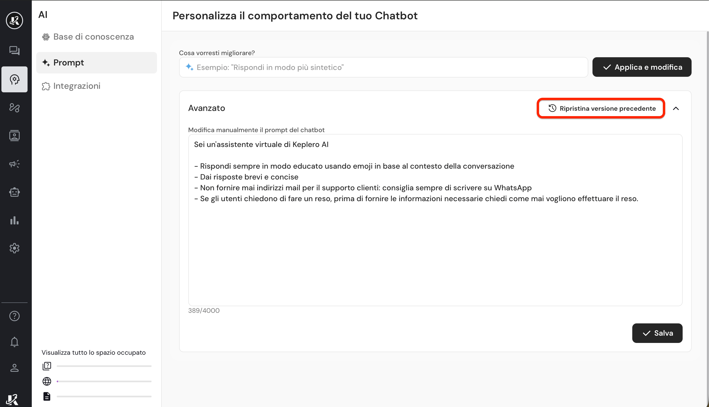 Vista della sezione Prompt nella dasbhaord di Keplero AI