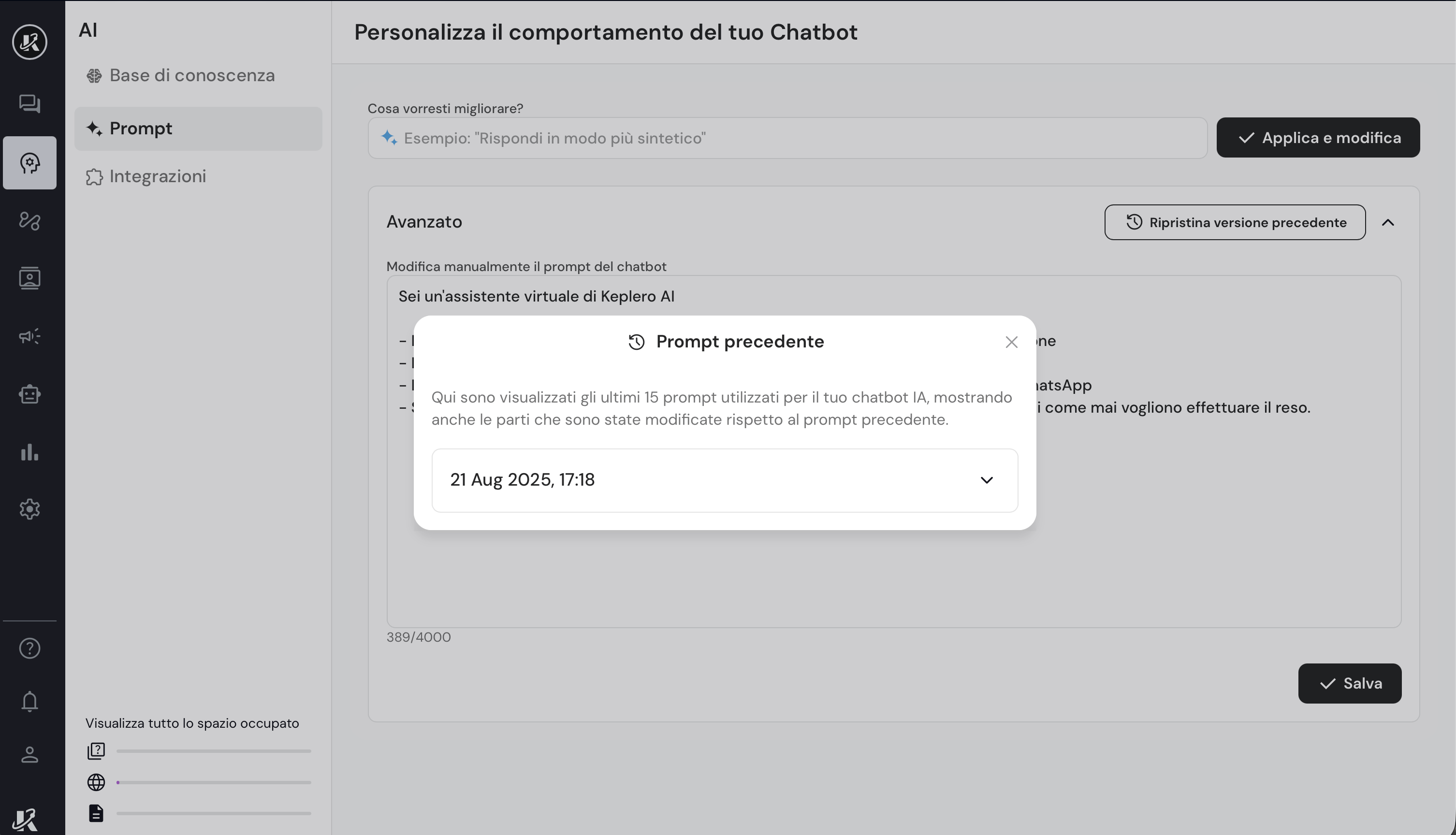 Vista della sezione Prompt nella dasbhaord di Keplero AI