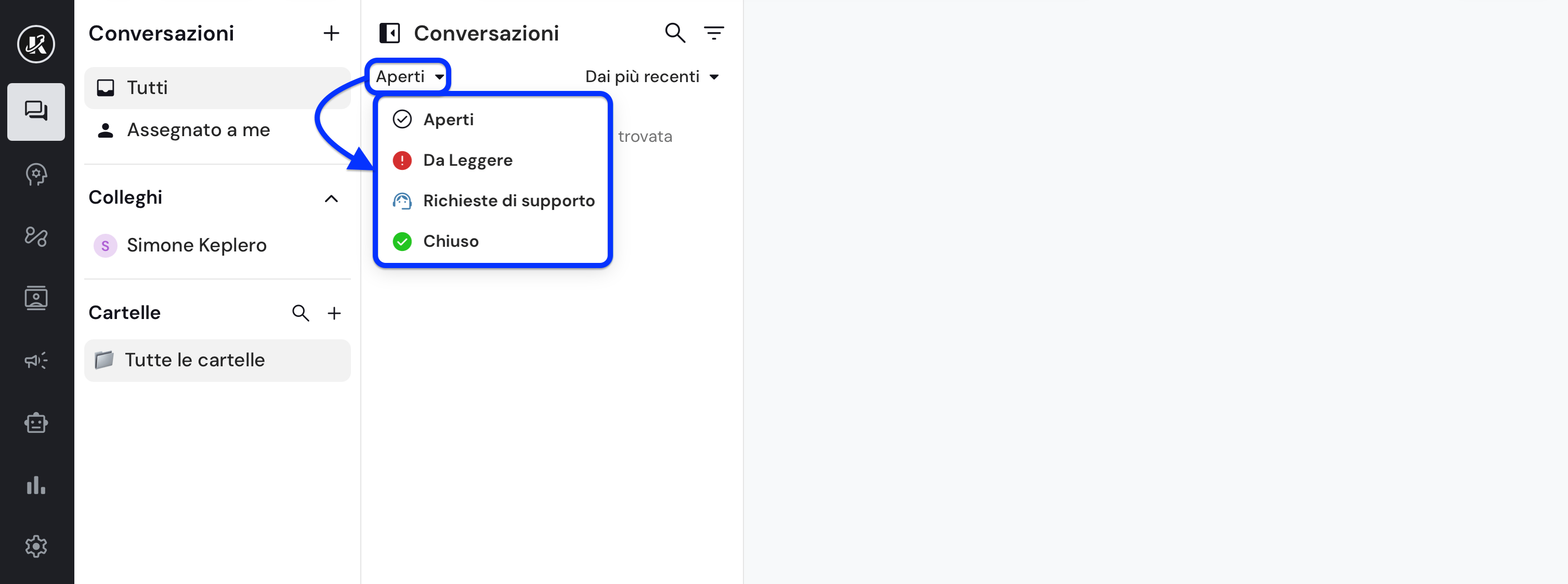 Dettaglio della sezione Filtri per stato nella dasbhaord di Keplero AI