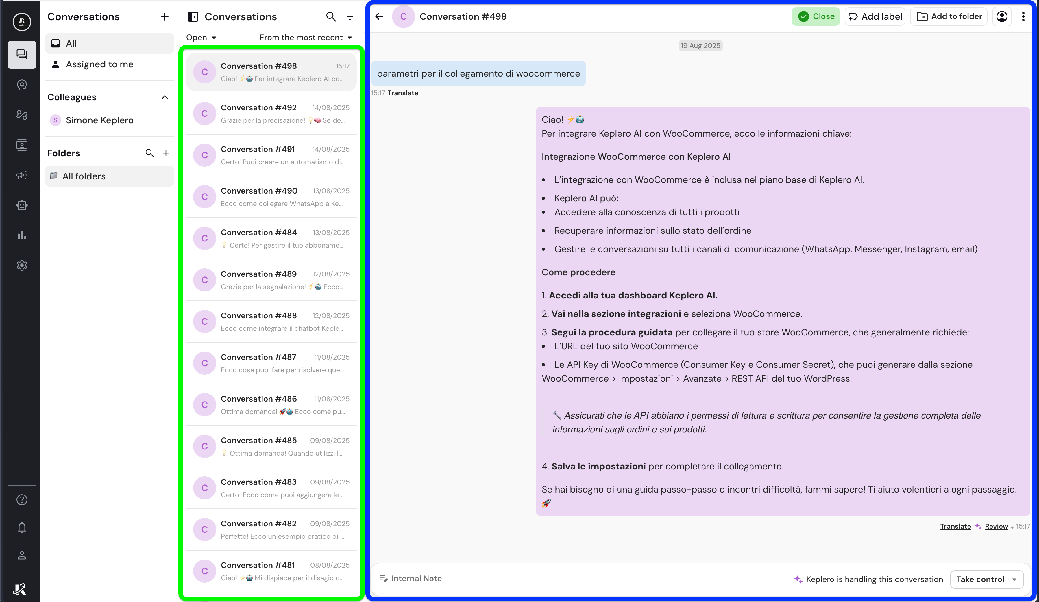 Vista della sezione Conversazioni nella dasbhaord di Keplero AI