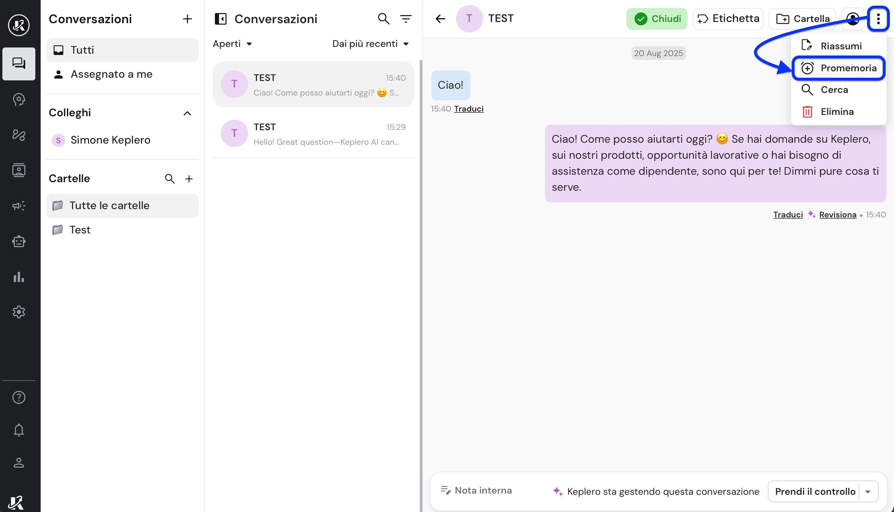 Imposta un promemoria per una conversazione nella dasbhaord di Keplero AI