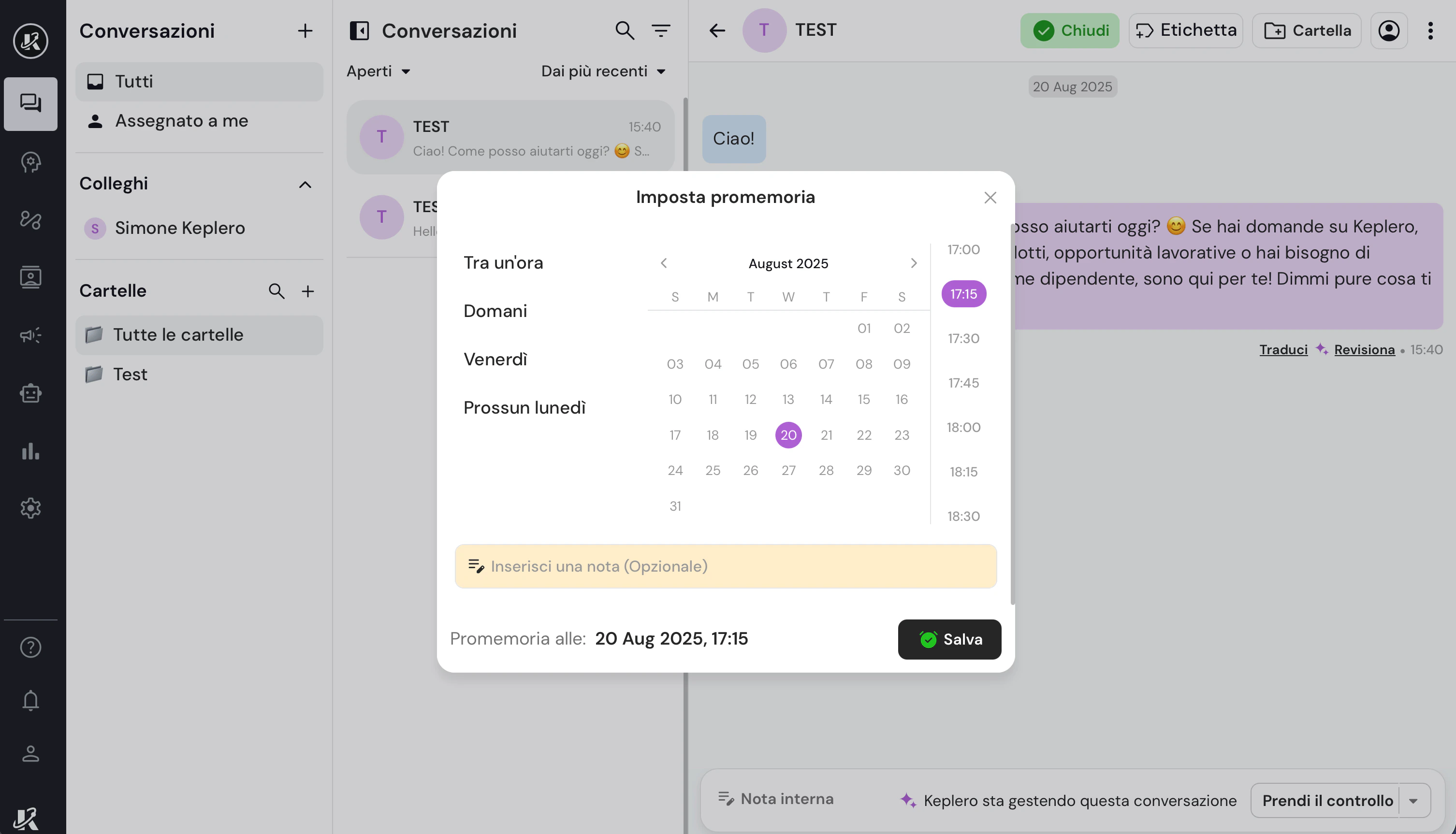 Imposta un promemoria per una conversazione nella dasbhaord di Keplero AI