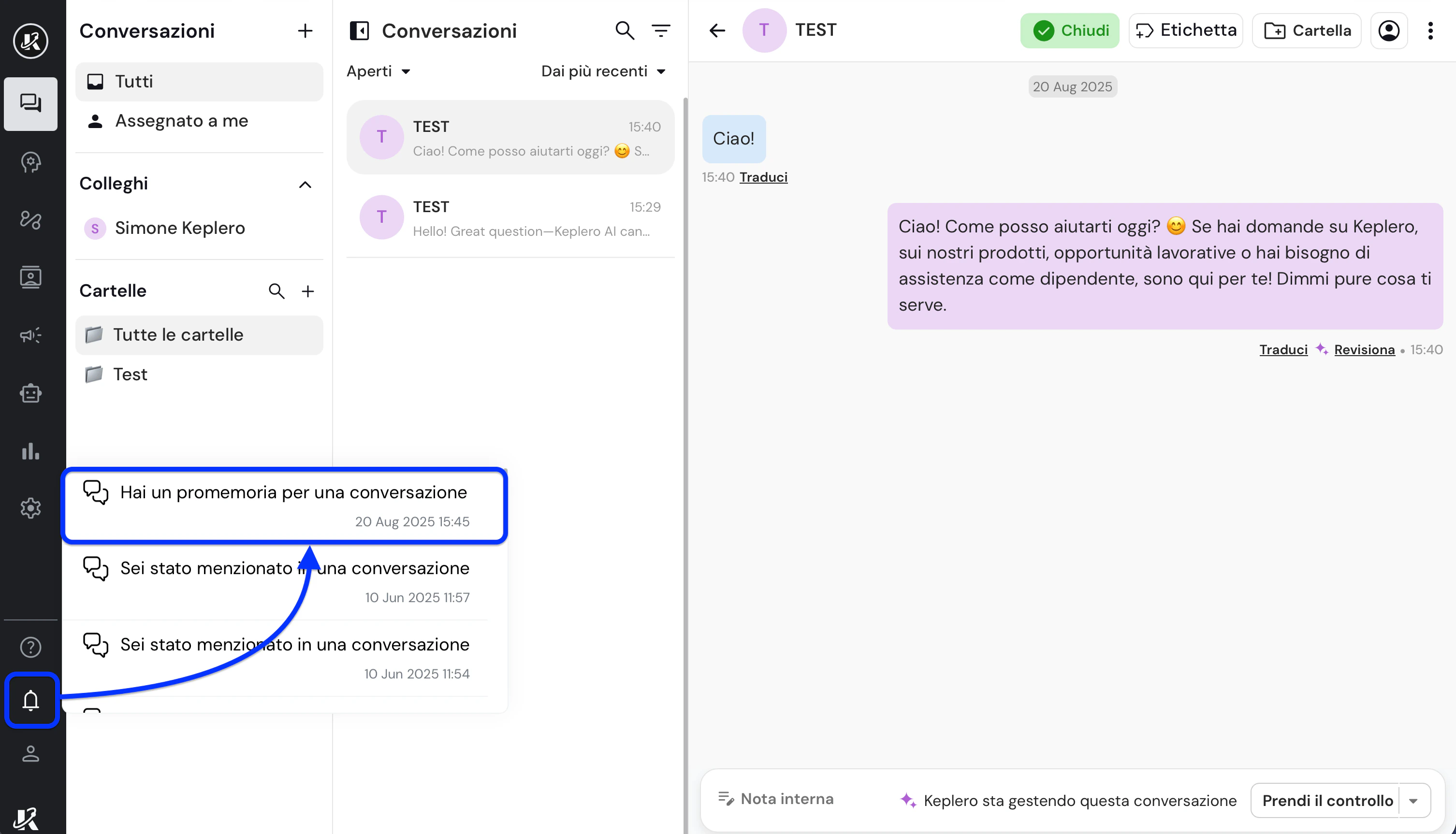 Imposta un promemoria per una conversazione nella dasbhaord di Keplero AI