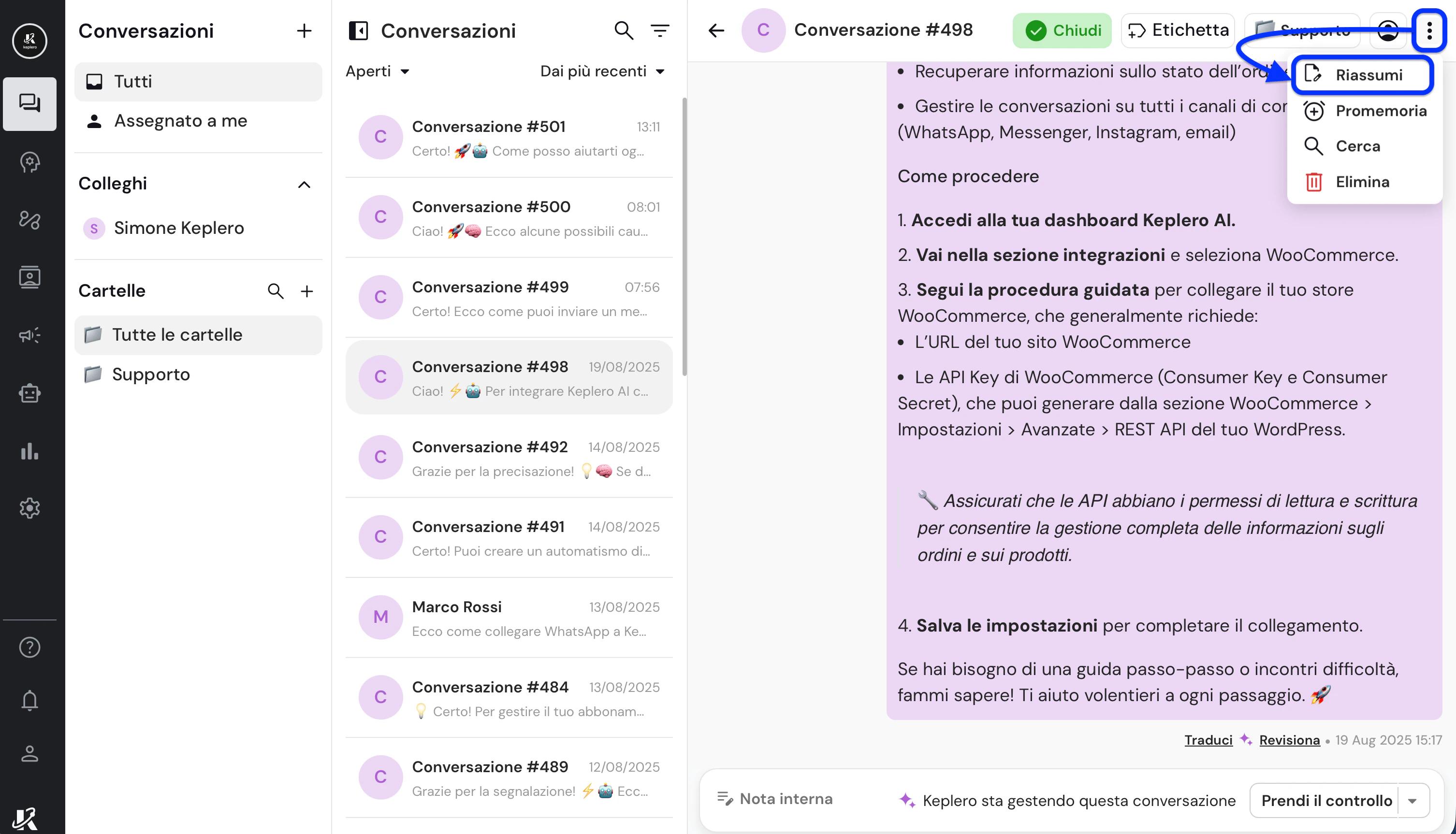 Riassumi una chat nella dasbhaord di Keplero AI