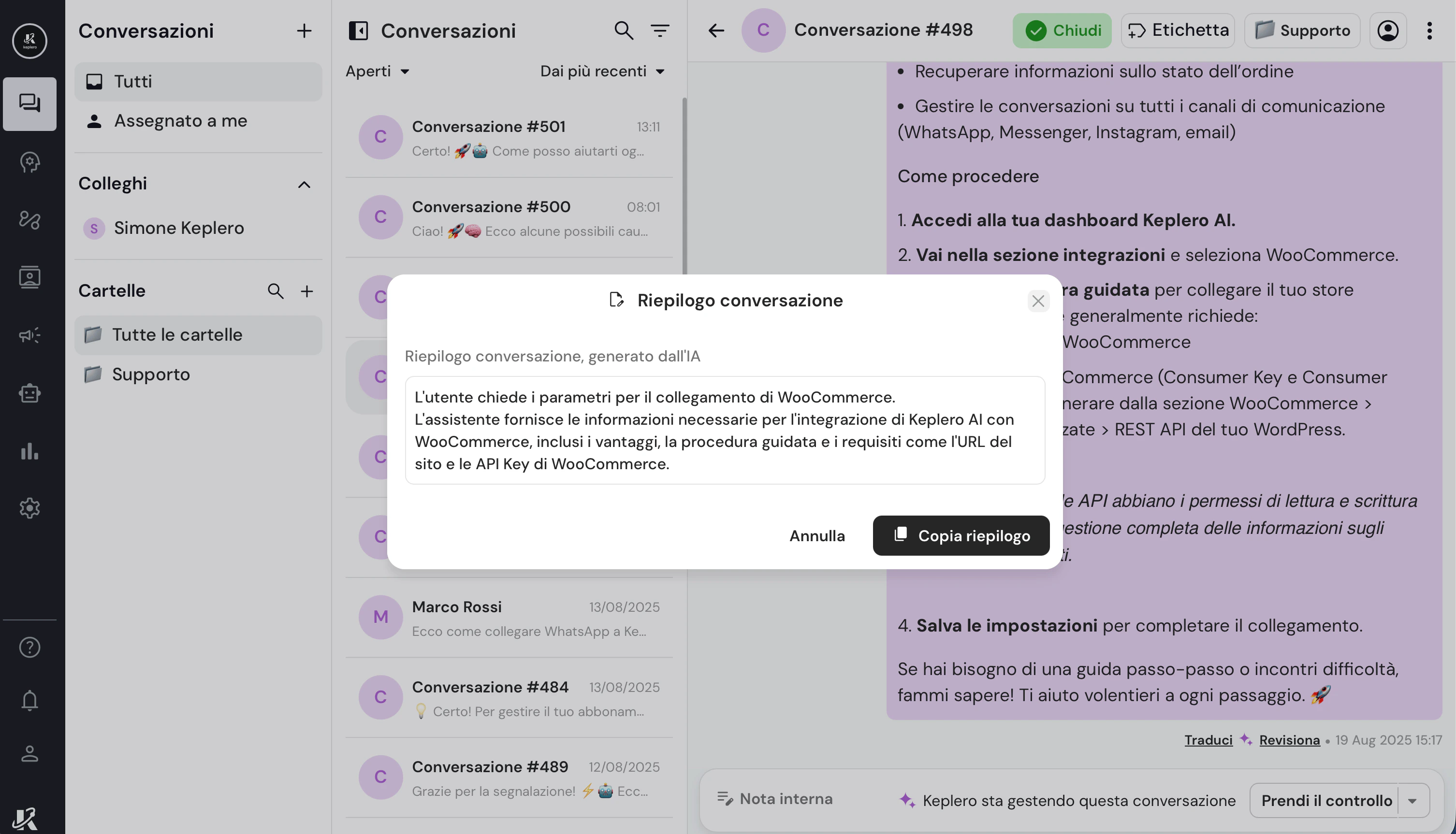 Riassumi una chat nella dasbhaord di Keplero AI