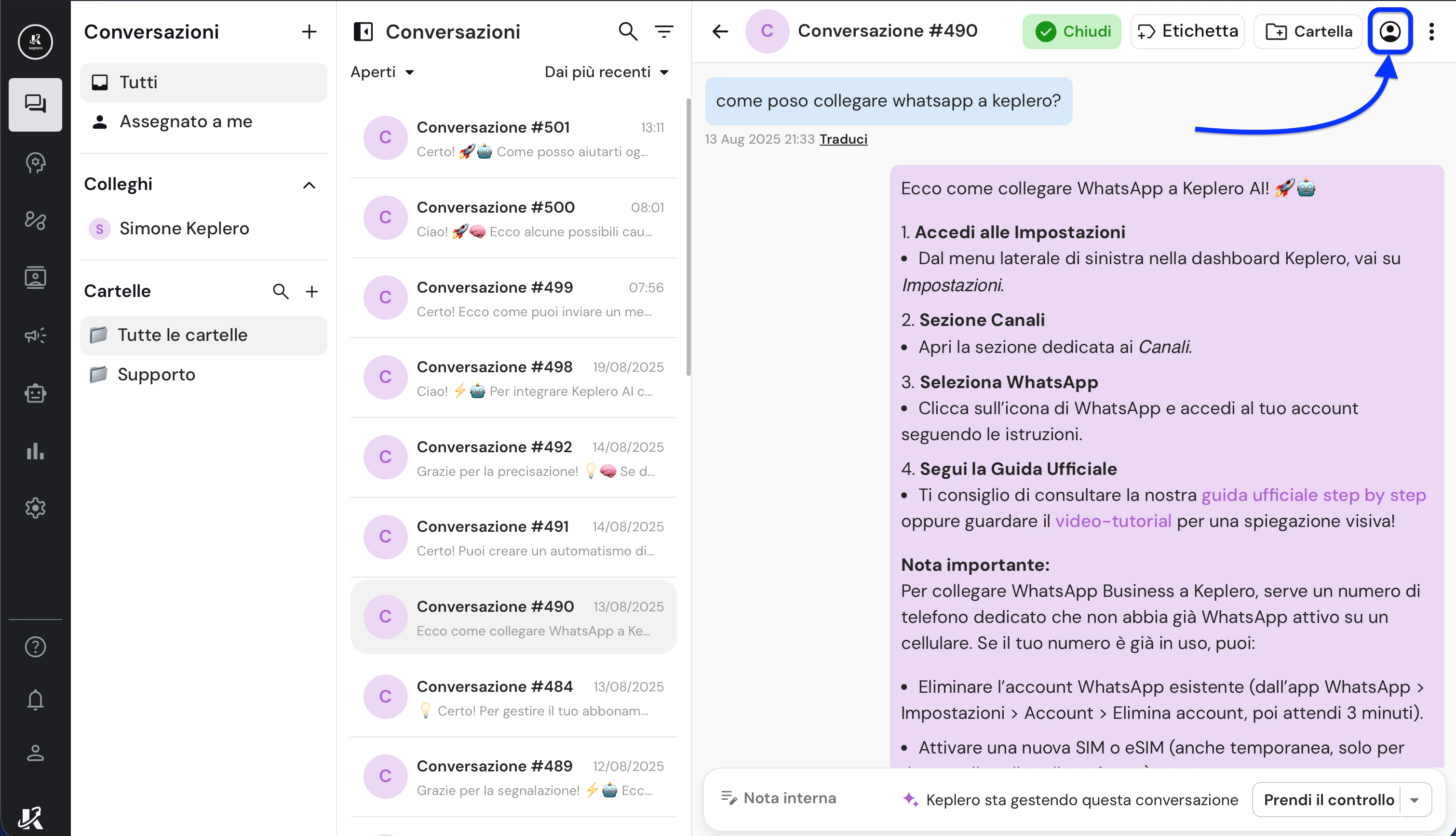 Salvataggio del contatto del cliente nella dasbhaord di Keplero AI