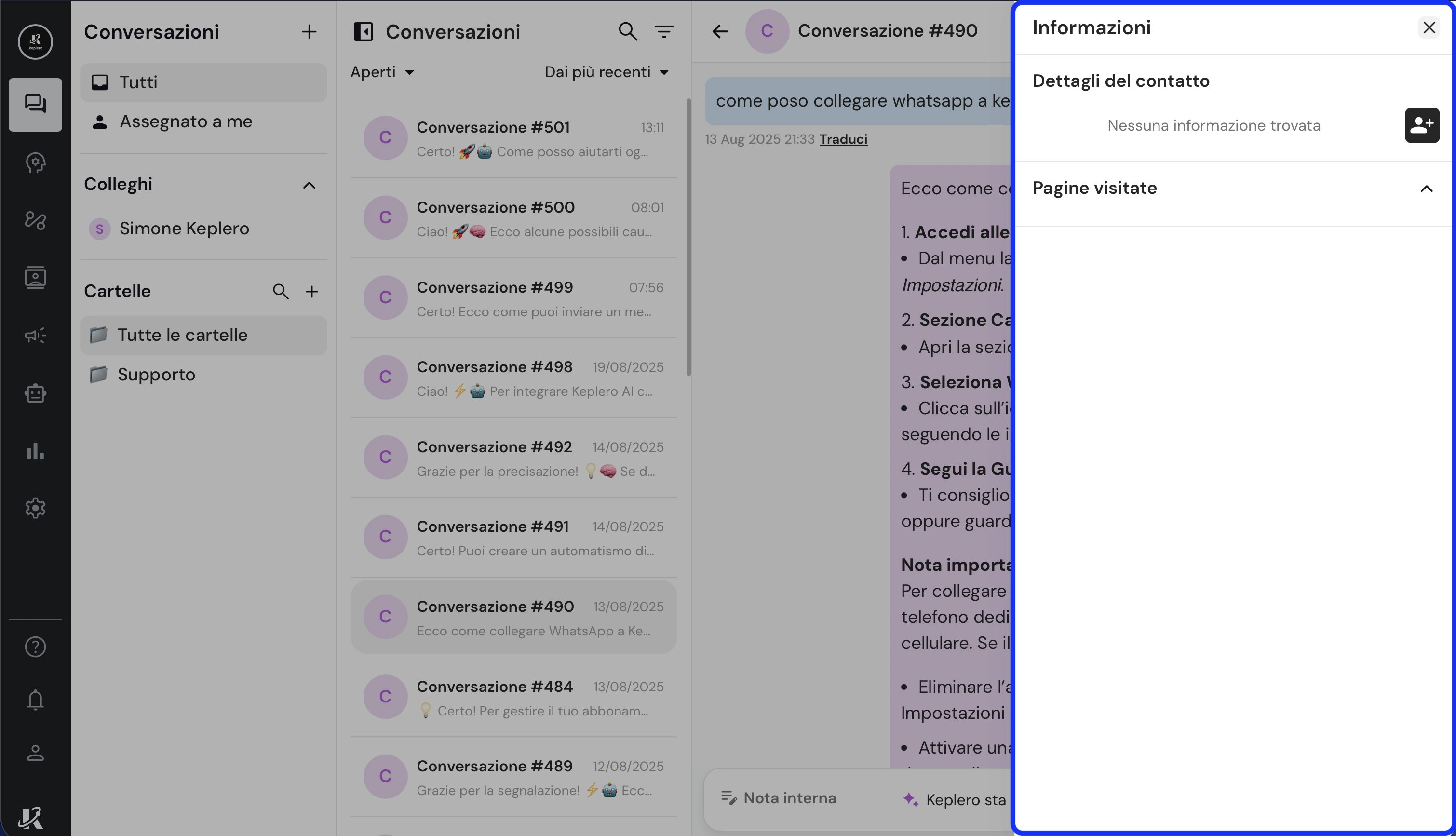 Dettaglio del pannello di salvataggio del contatto del cliente nella dasbhaord di Keplero AI