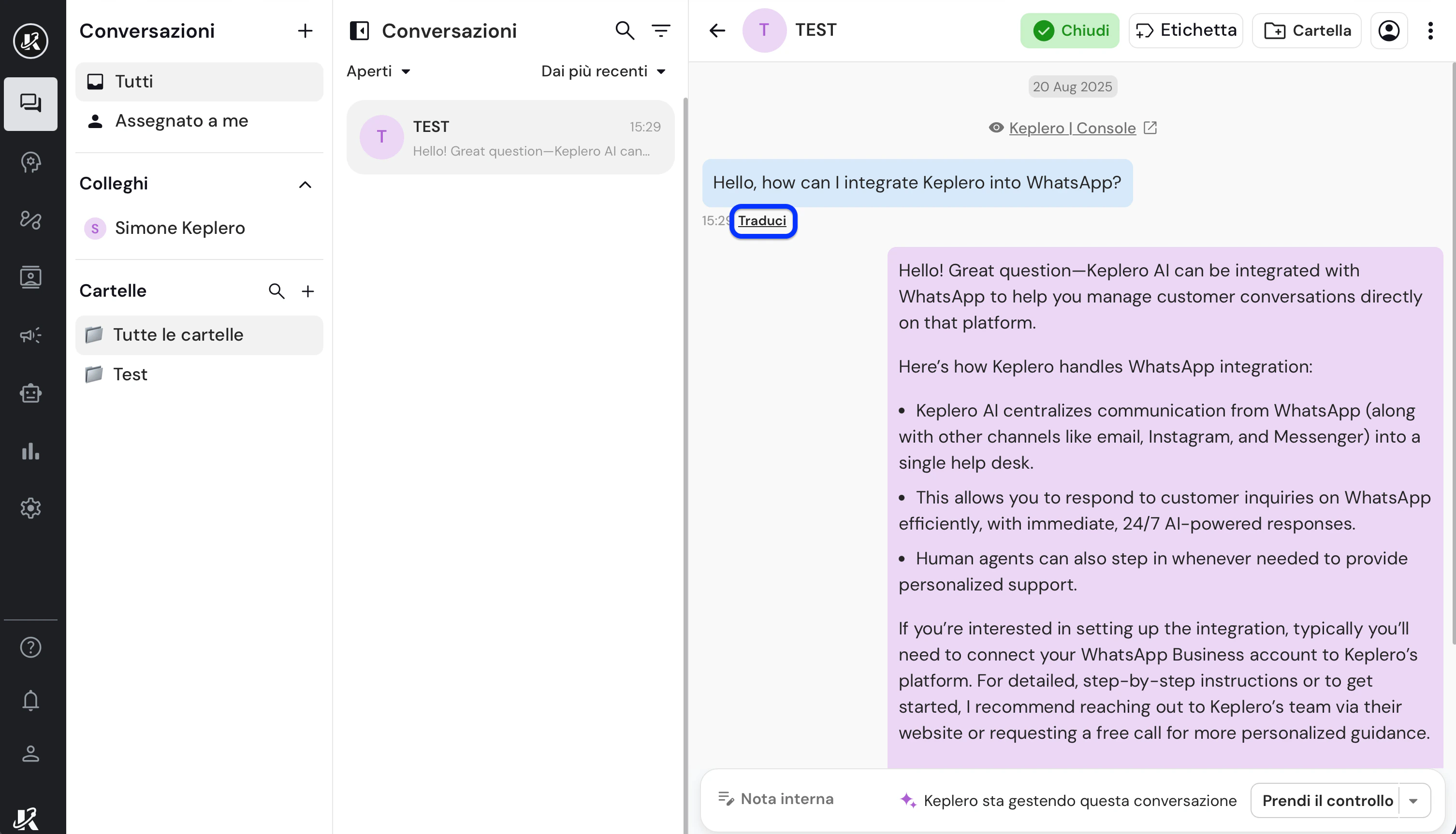 Riassumi una chat nella dasbhaord di Keplero AI