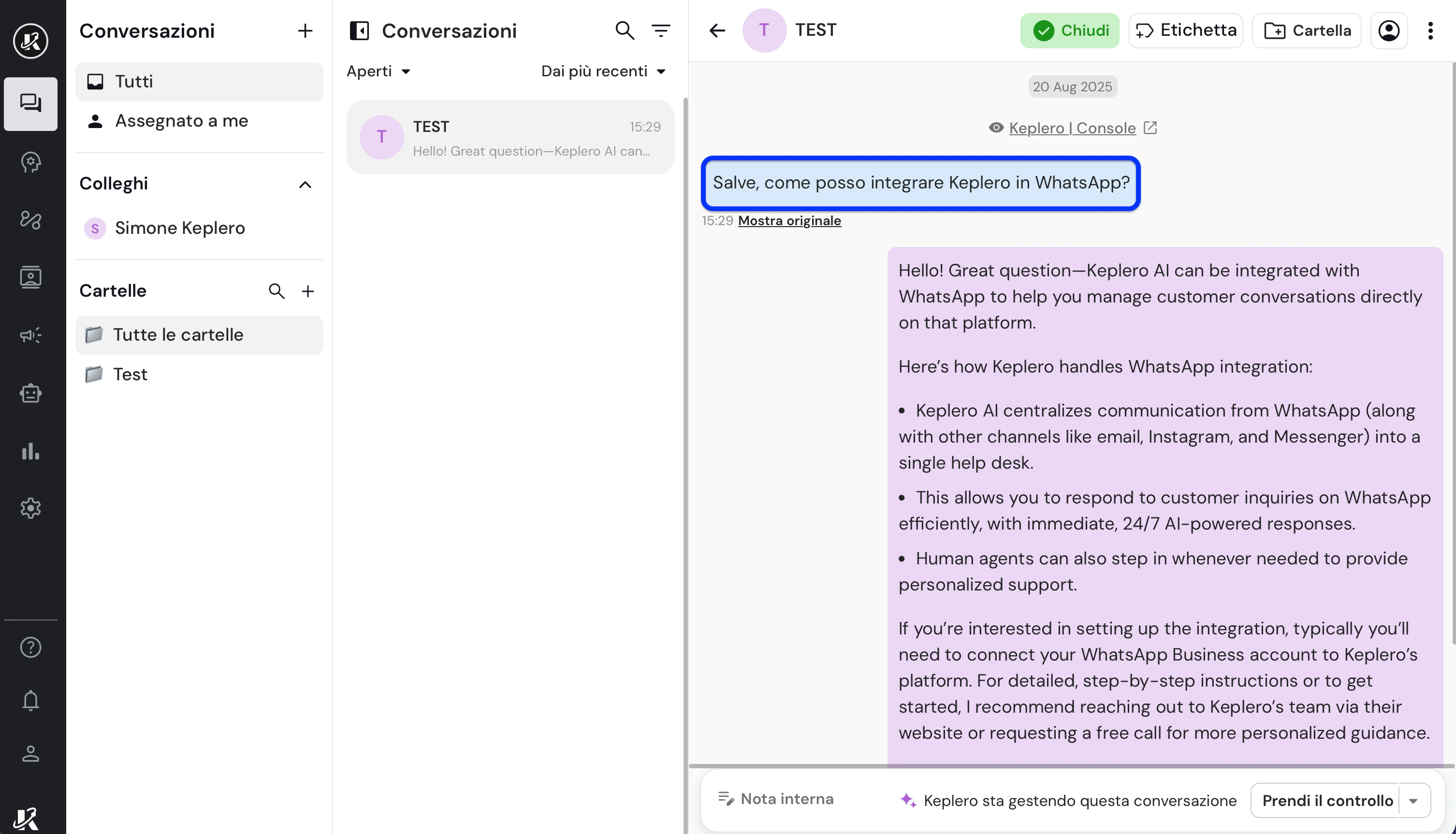 Traduci i messaggi nella dasbhaord di Keplero AI