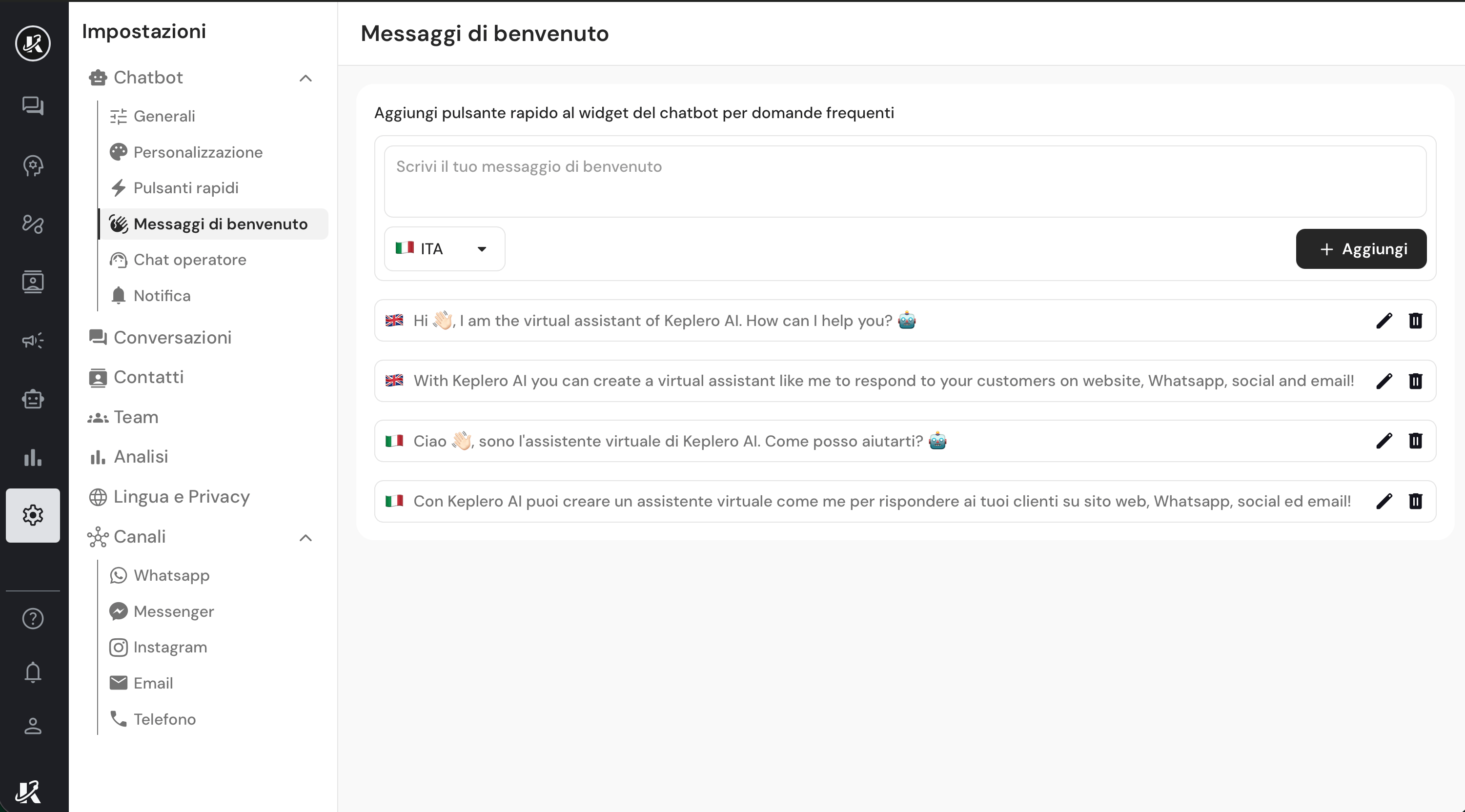 Messaggi di benvenuto