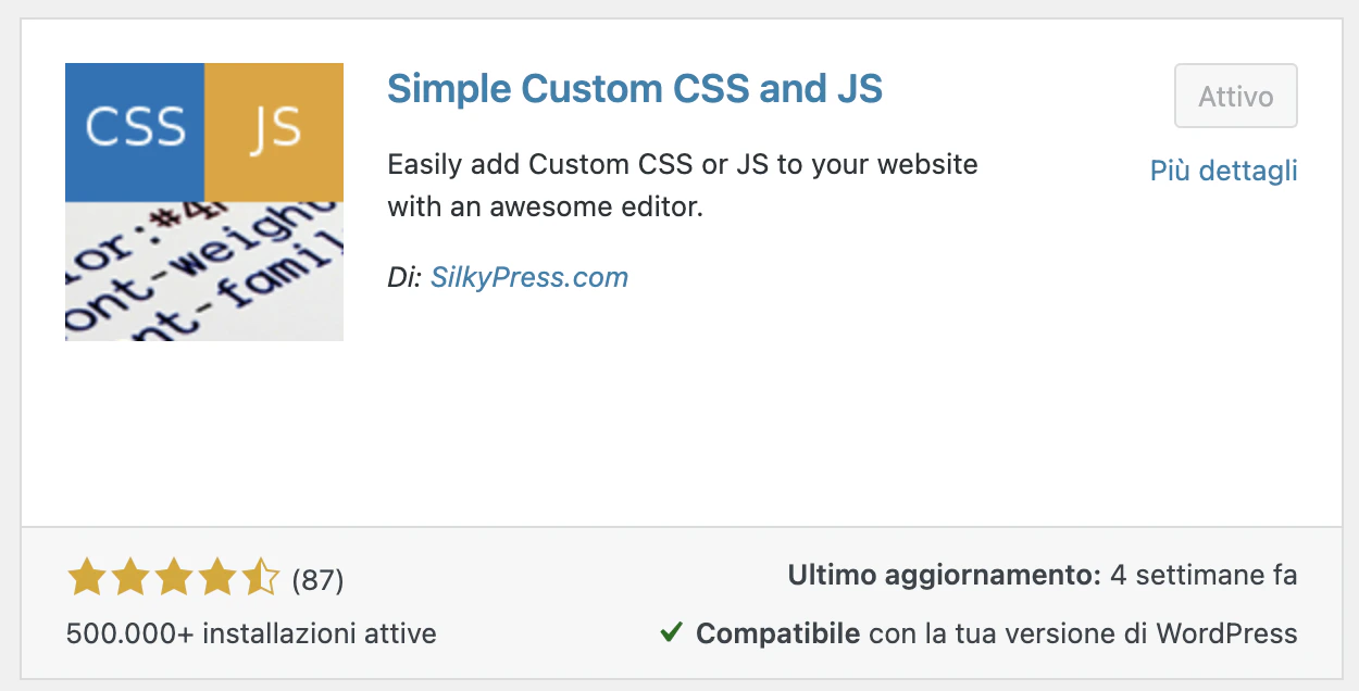 Installazione plugin Simple Custom CSS & JS su WordPress