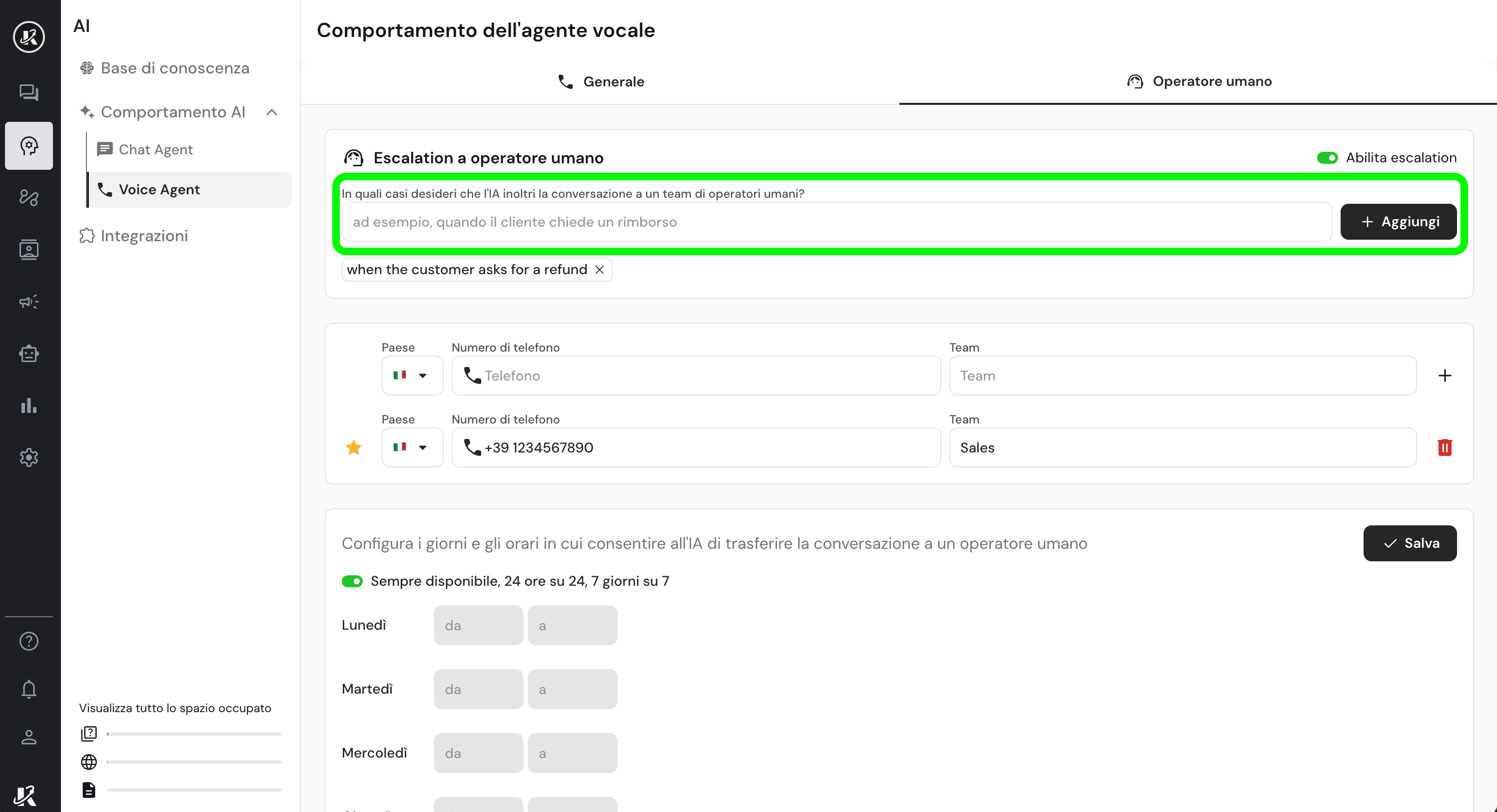 Sezione trasferimento all'operatore umano