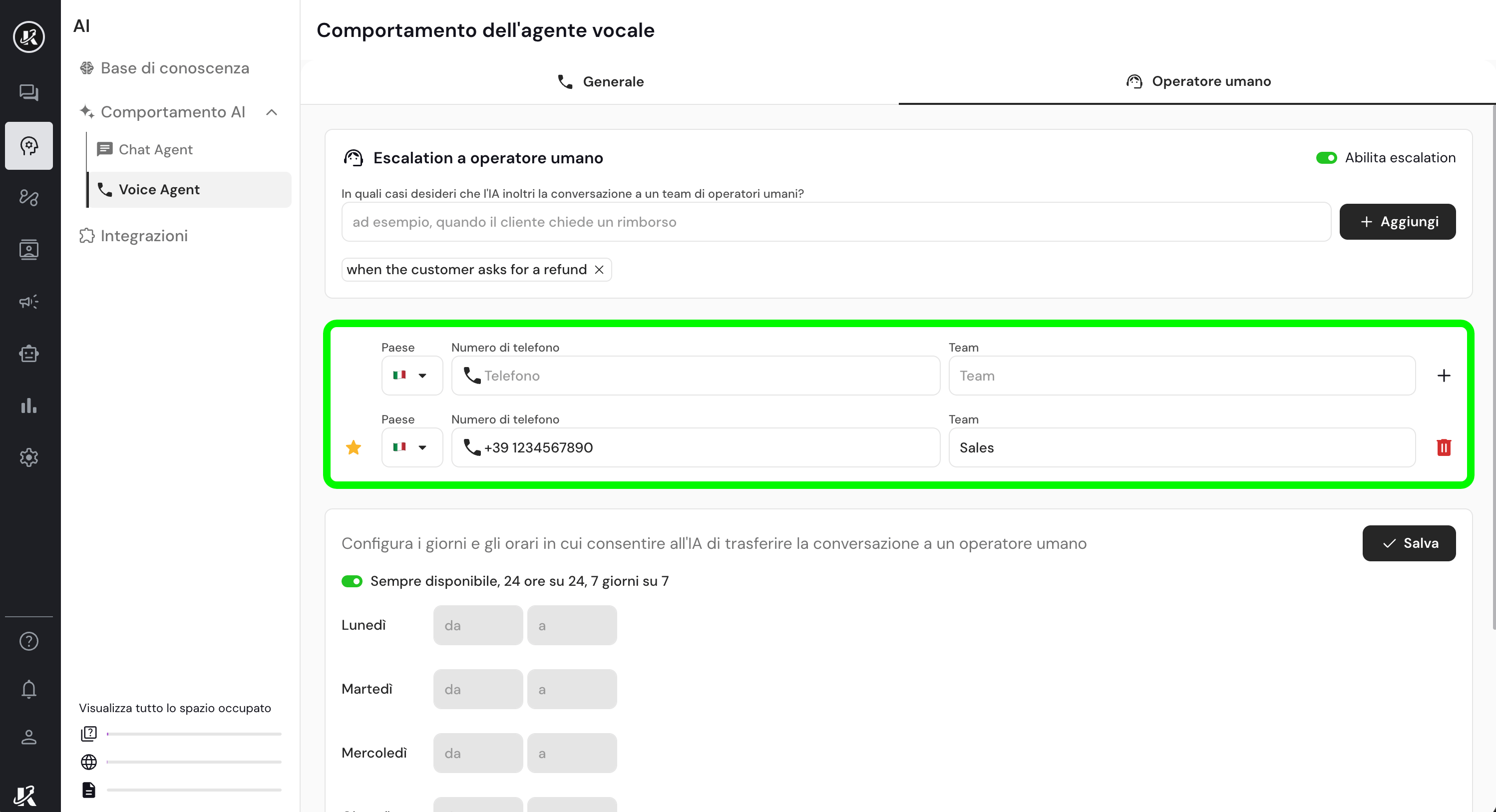 Sezione trasferimento all'operatore umano