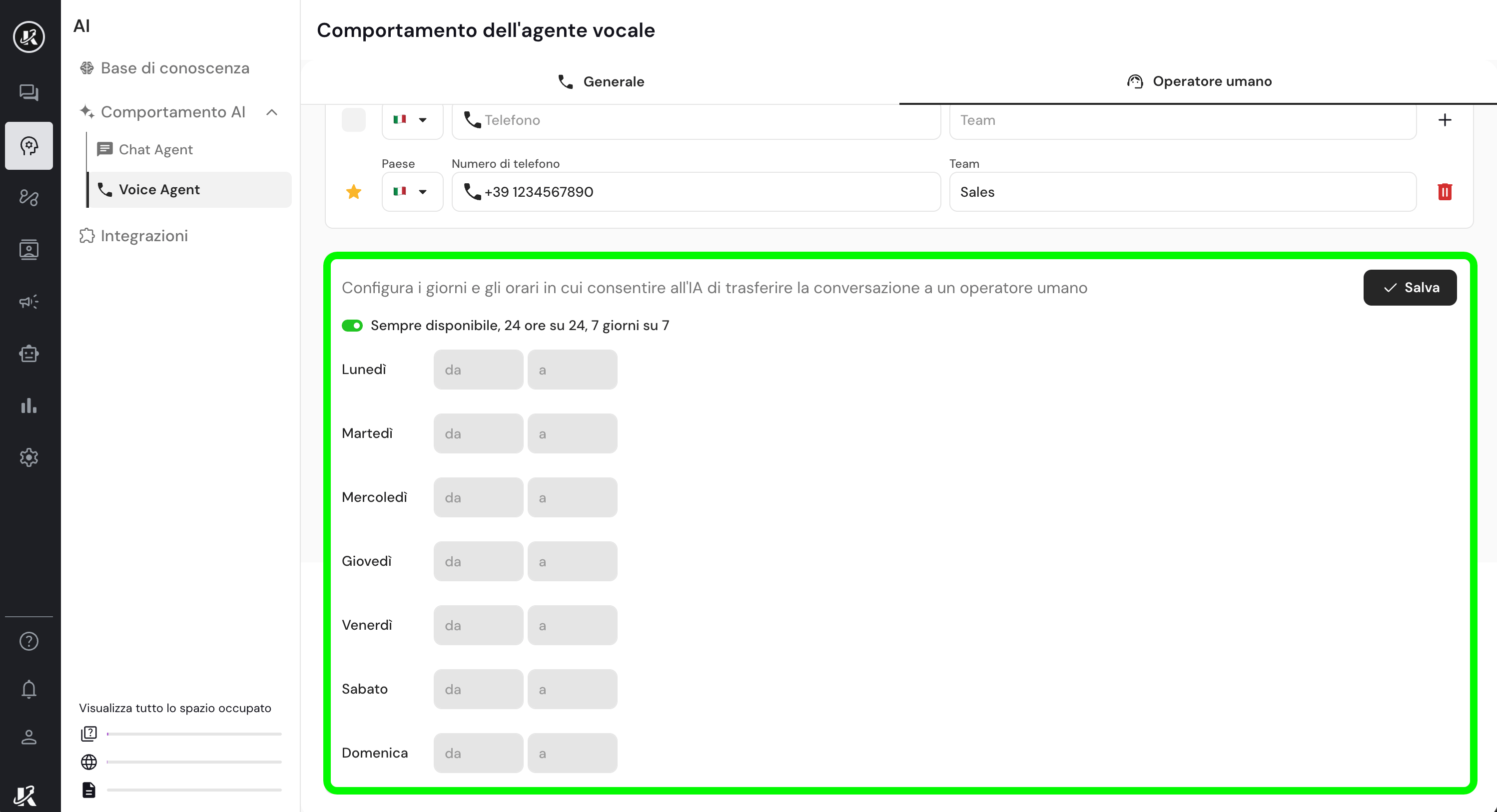 Sezione trasferimento all'operatore umano