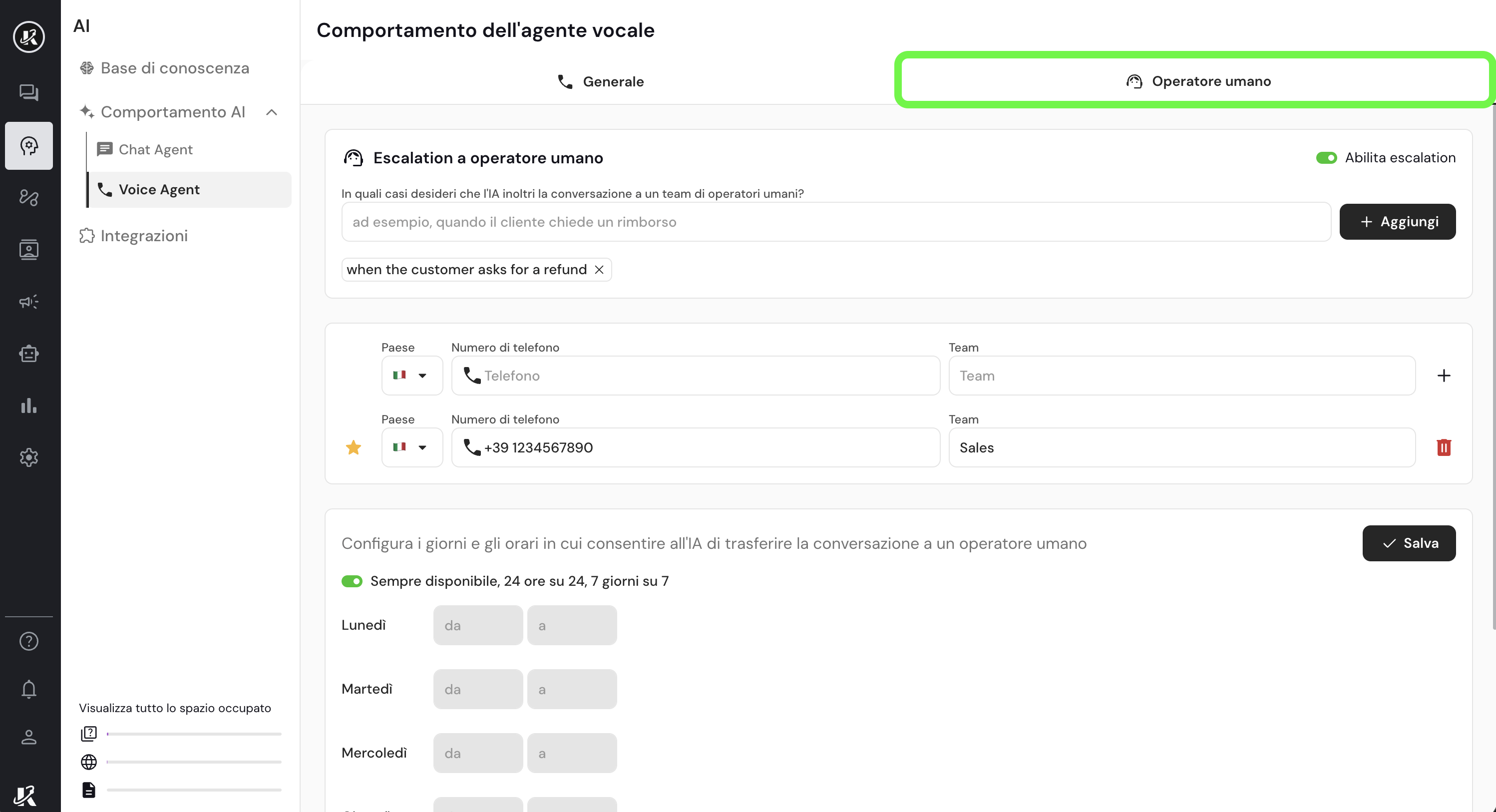 Sezione trasferimento all'operatore umano