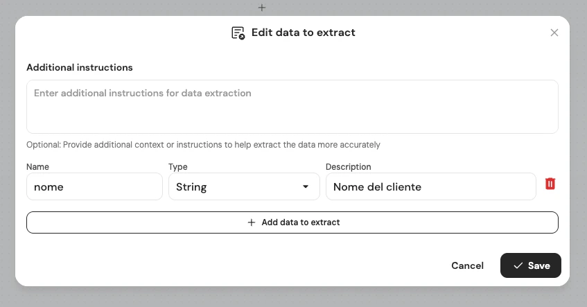 Modal Edit data to extract