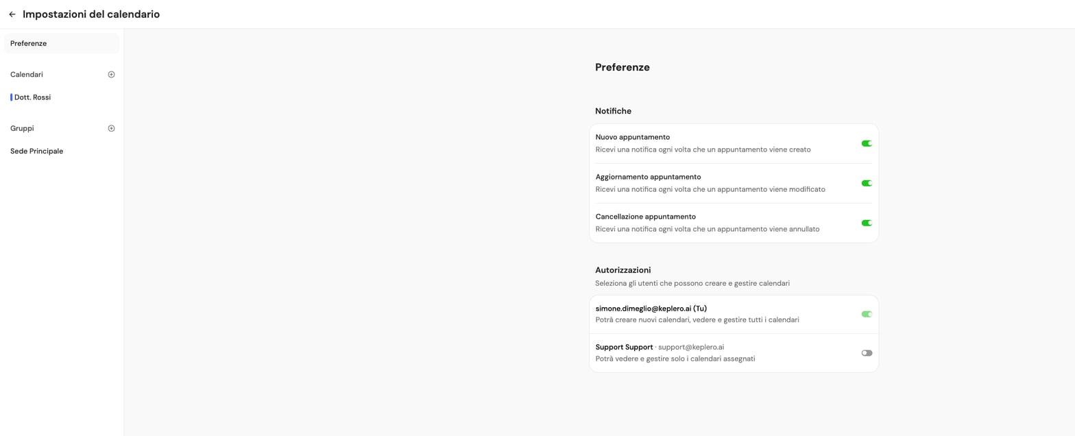 Impostazioni calendario con gruppi e calendari