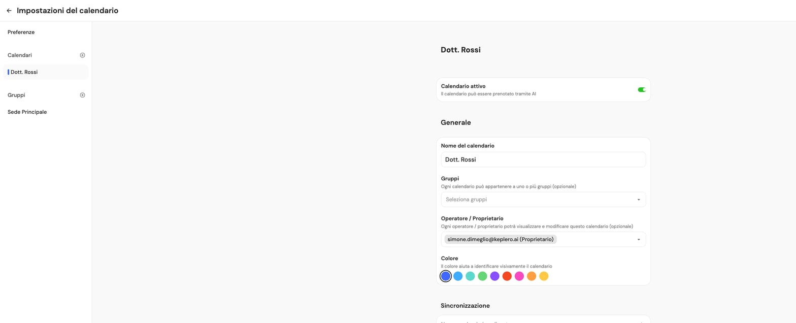 Impostazioni di un calendario: nome, gruppi, proprietario, colore