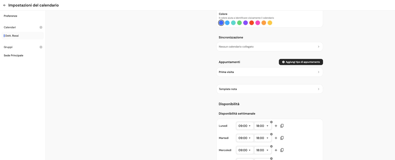 Sezione appuntamenti e disponibilità del calendario