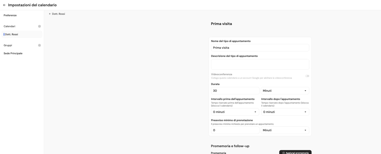 Configurazione tipo di appuntamento: durata, buffer e preavviso