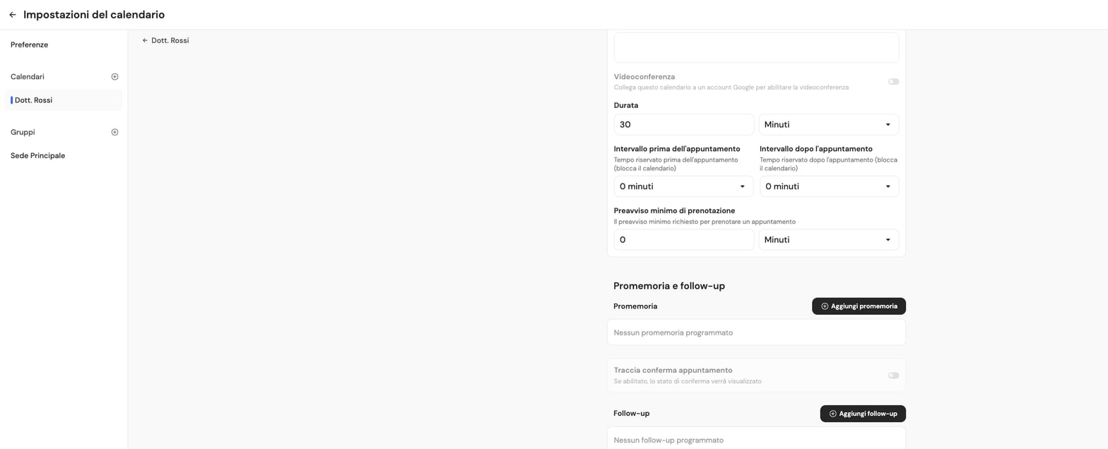 Configurazione tipo di appuntamento: promemoria, conferma e follow-up