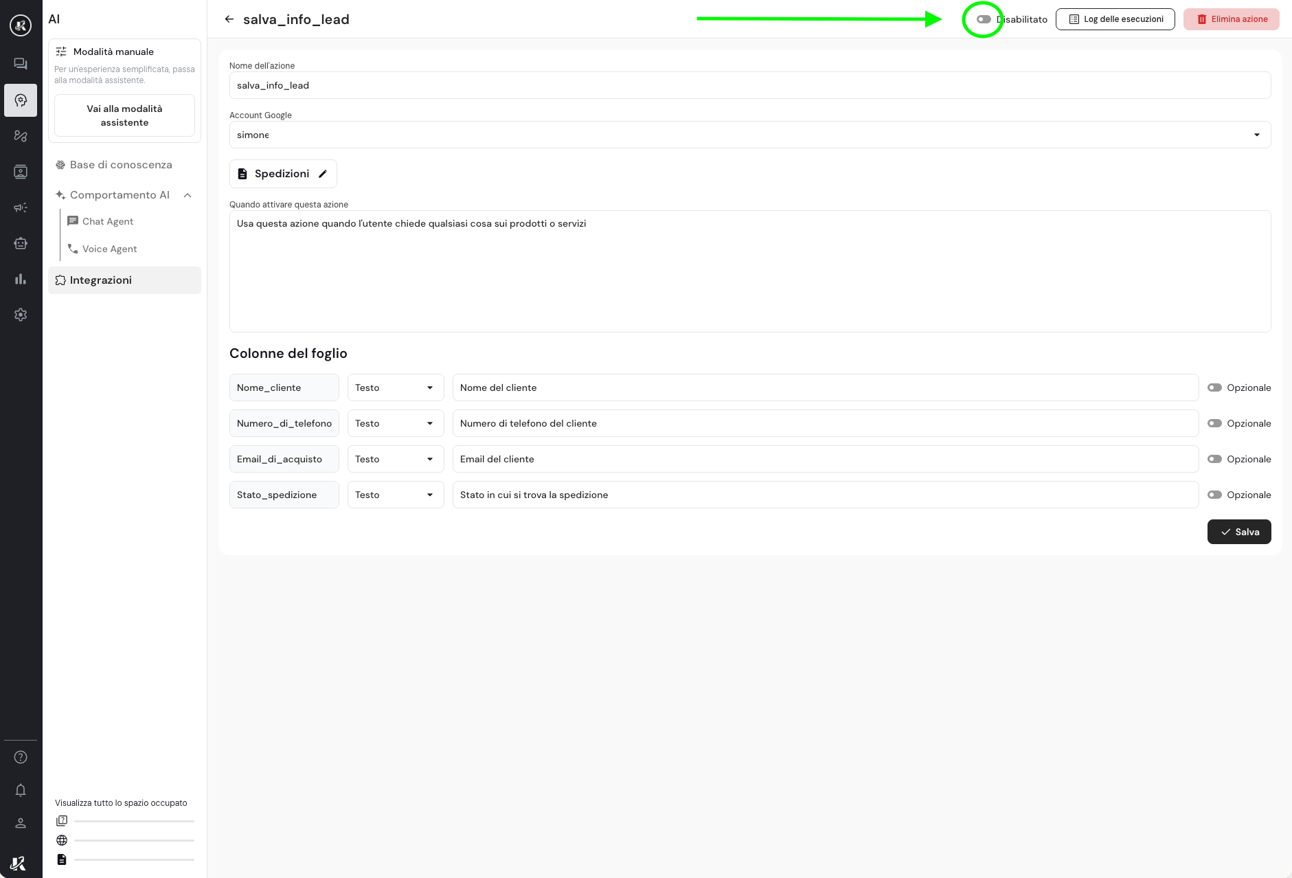 Google Sheet: Abilita azione