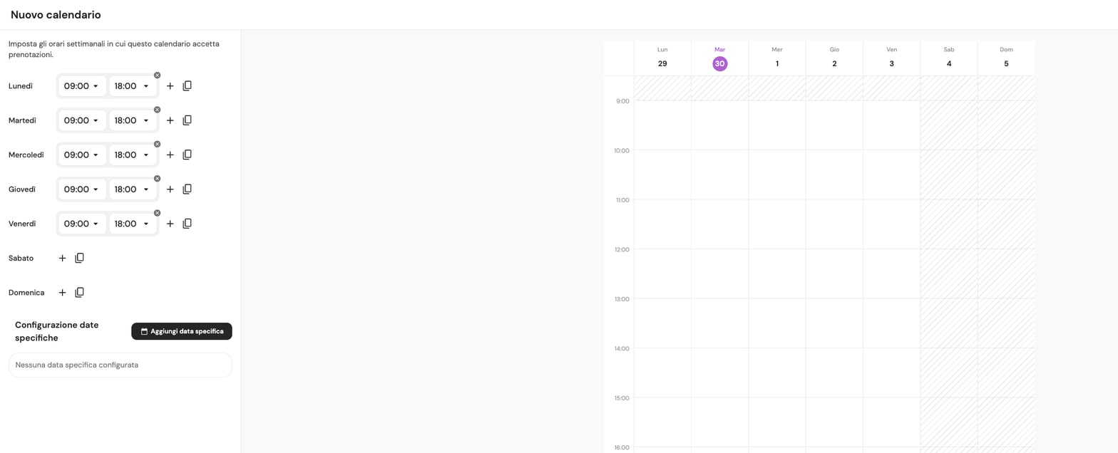 Configurazione disponibilità settimanale e date specifiche