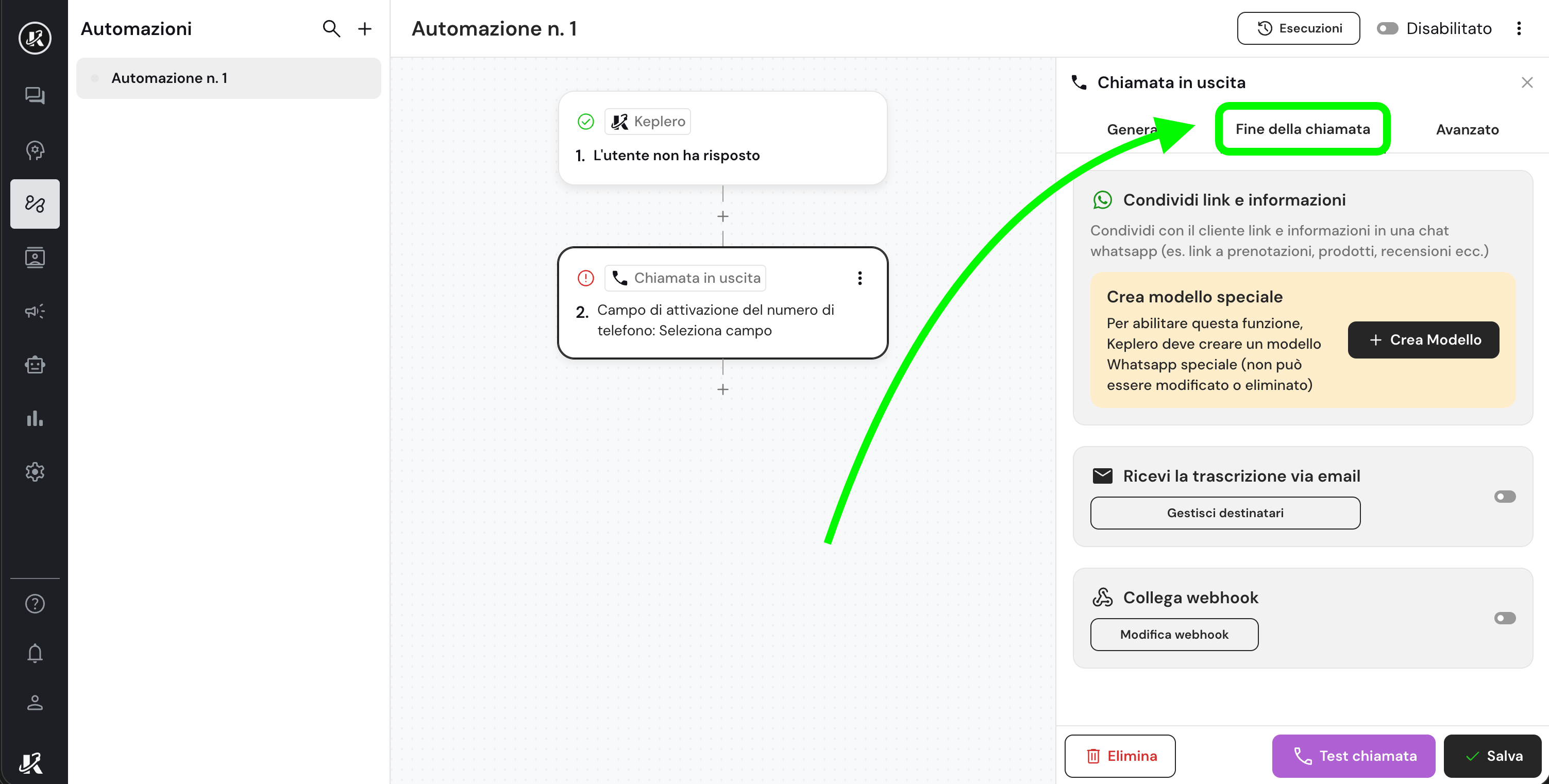 Azioni di fine chiamata in automazione voice outbound