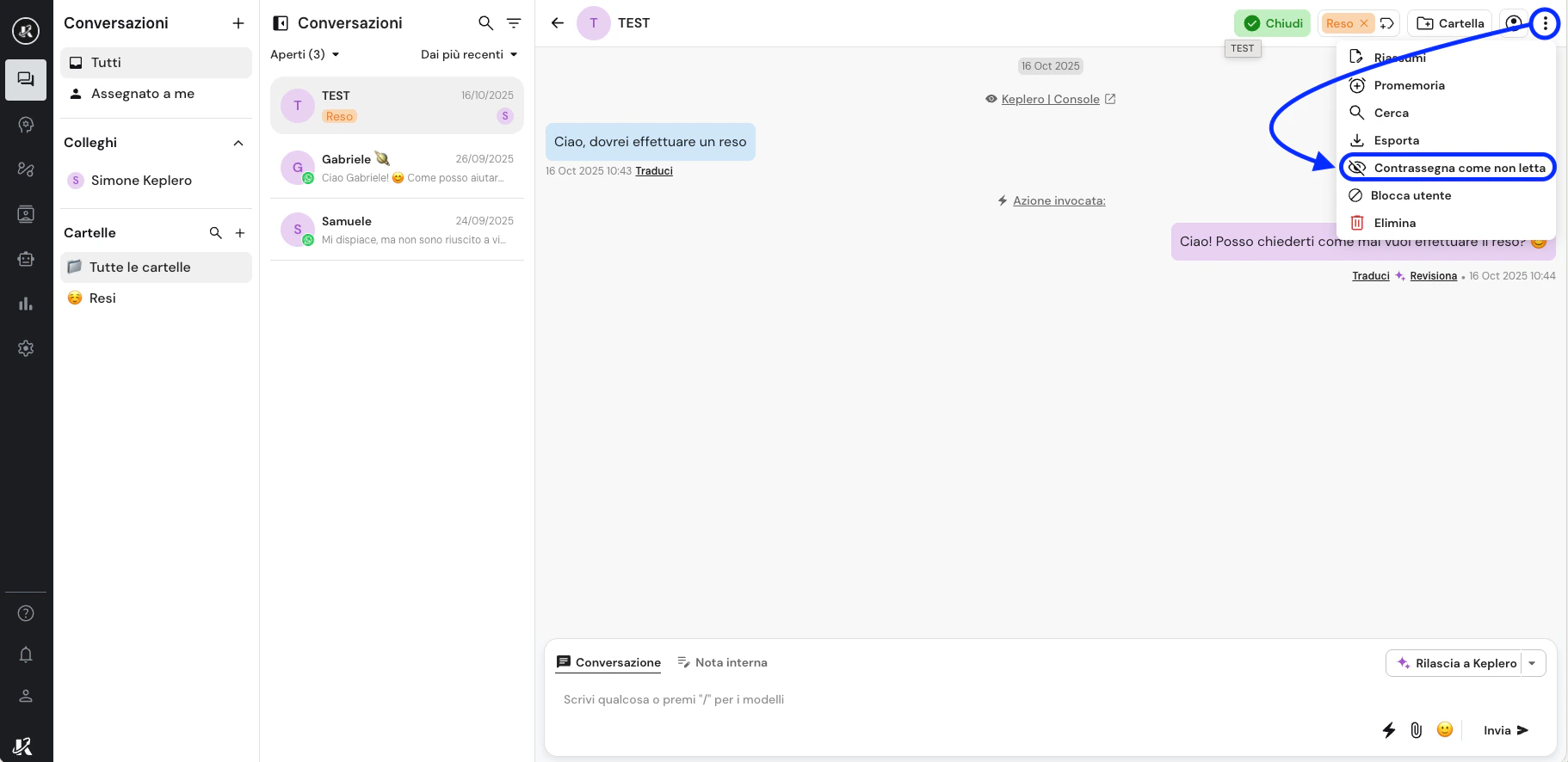 Imposta nuovamente la chat come da leggere