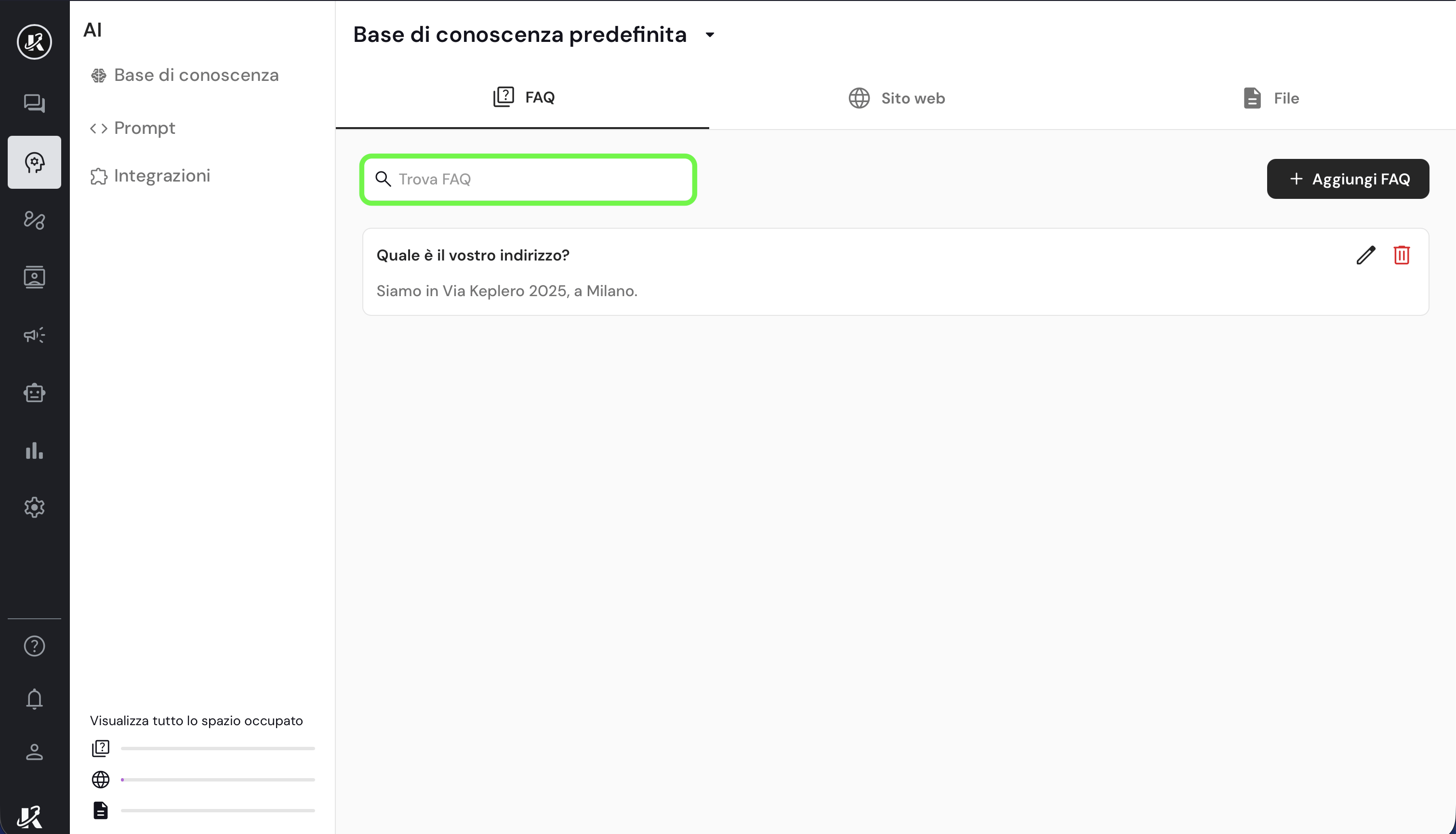 FAQ nella base di conoscenza di Keplero AI