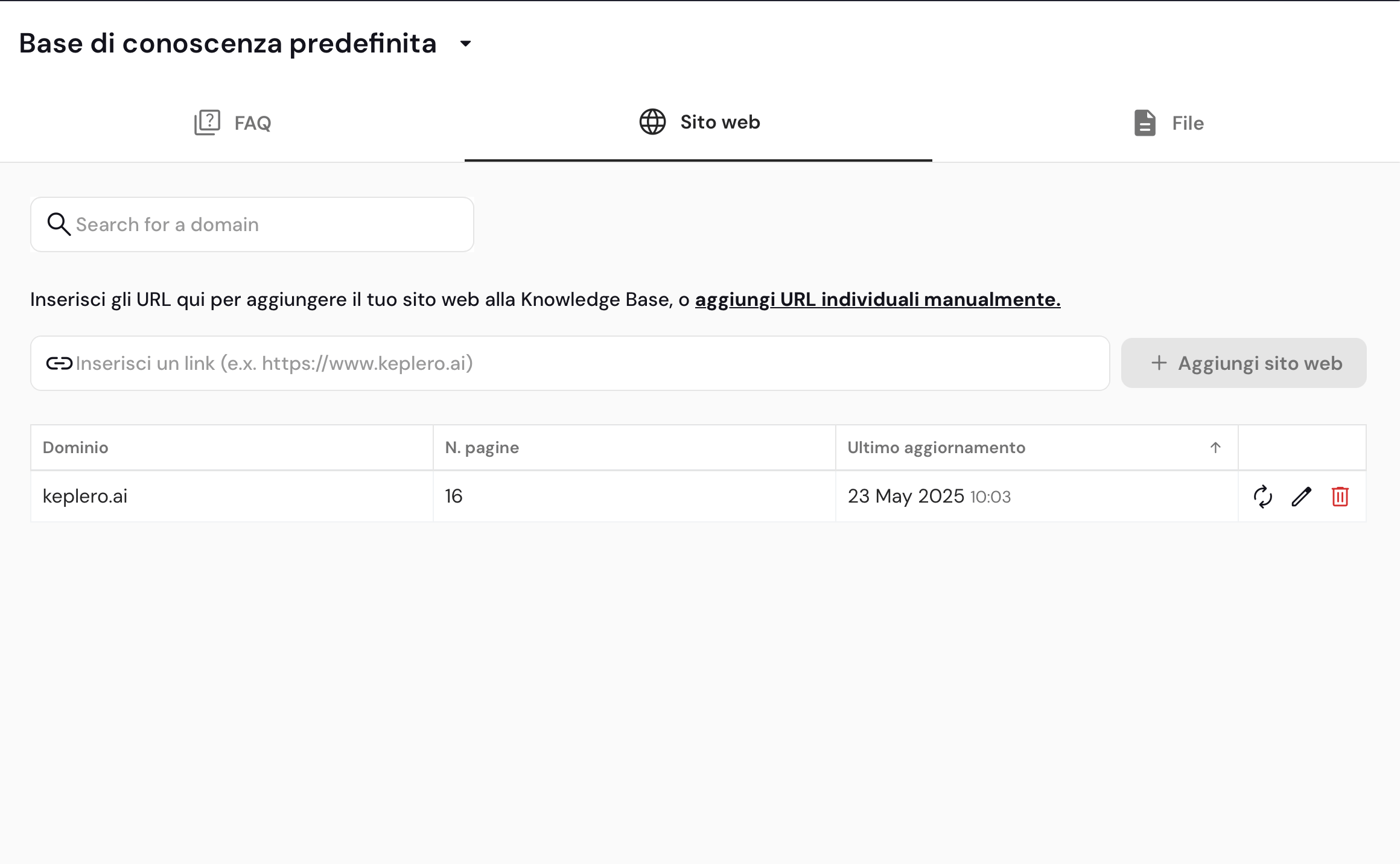 Siti web nella base di conoscenza di Keplero AI