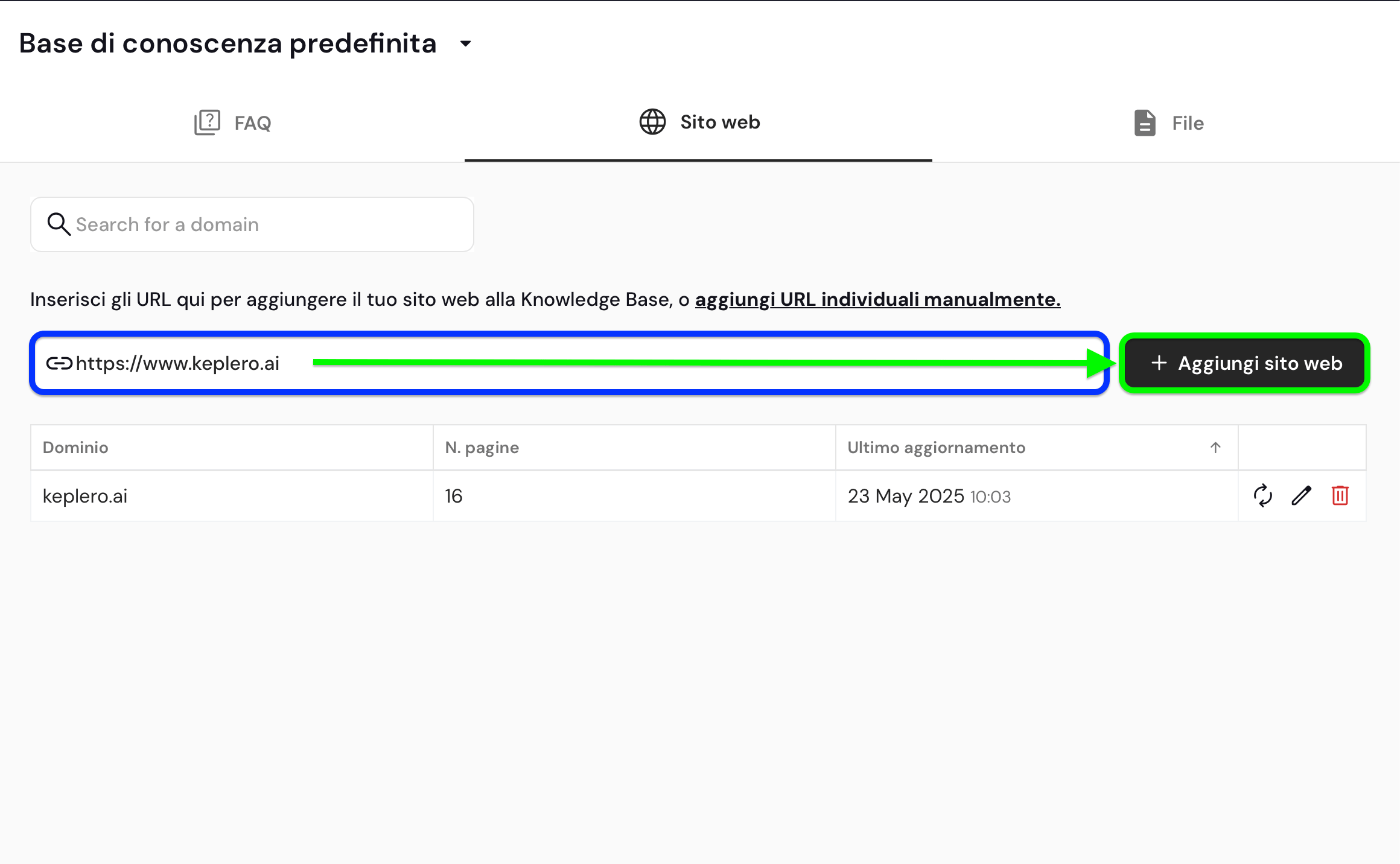 Siti web nella base di conoscenza di Keplero AI