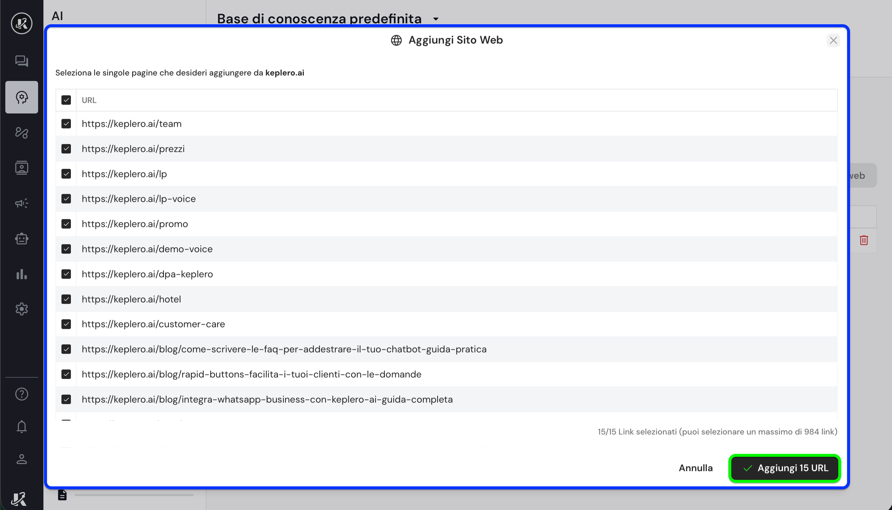 Siti web nella base di conoscenza di Keplero AI
