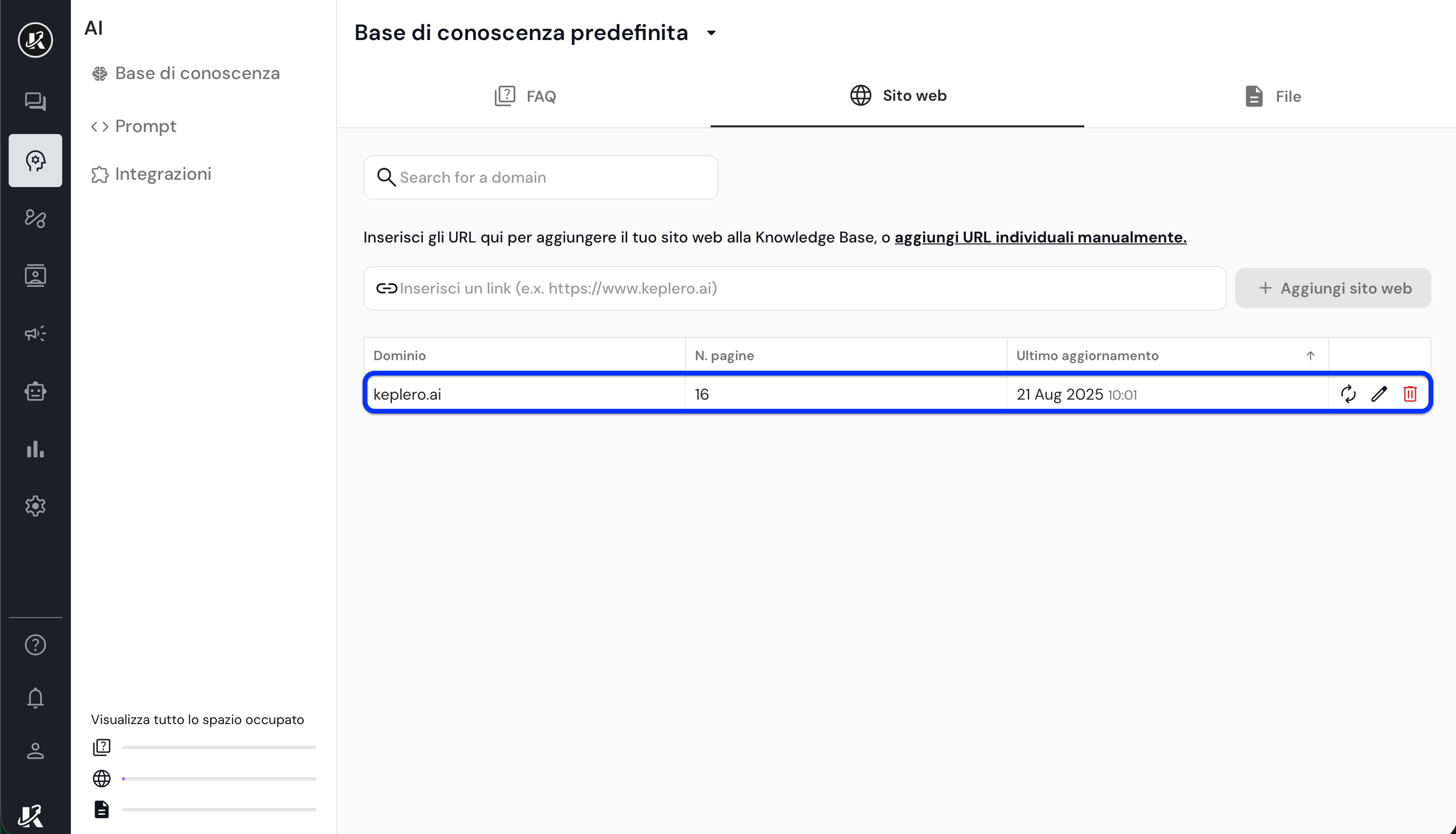 Siti web nella base di conoscenza di Keplero AI