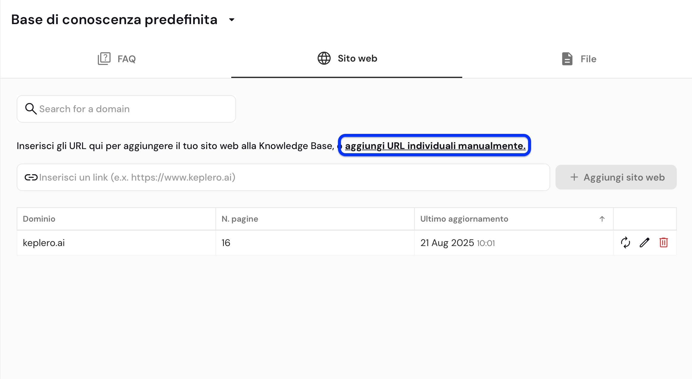 Siti web nella base di conoscenza di Keplero AI